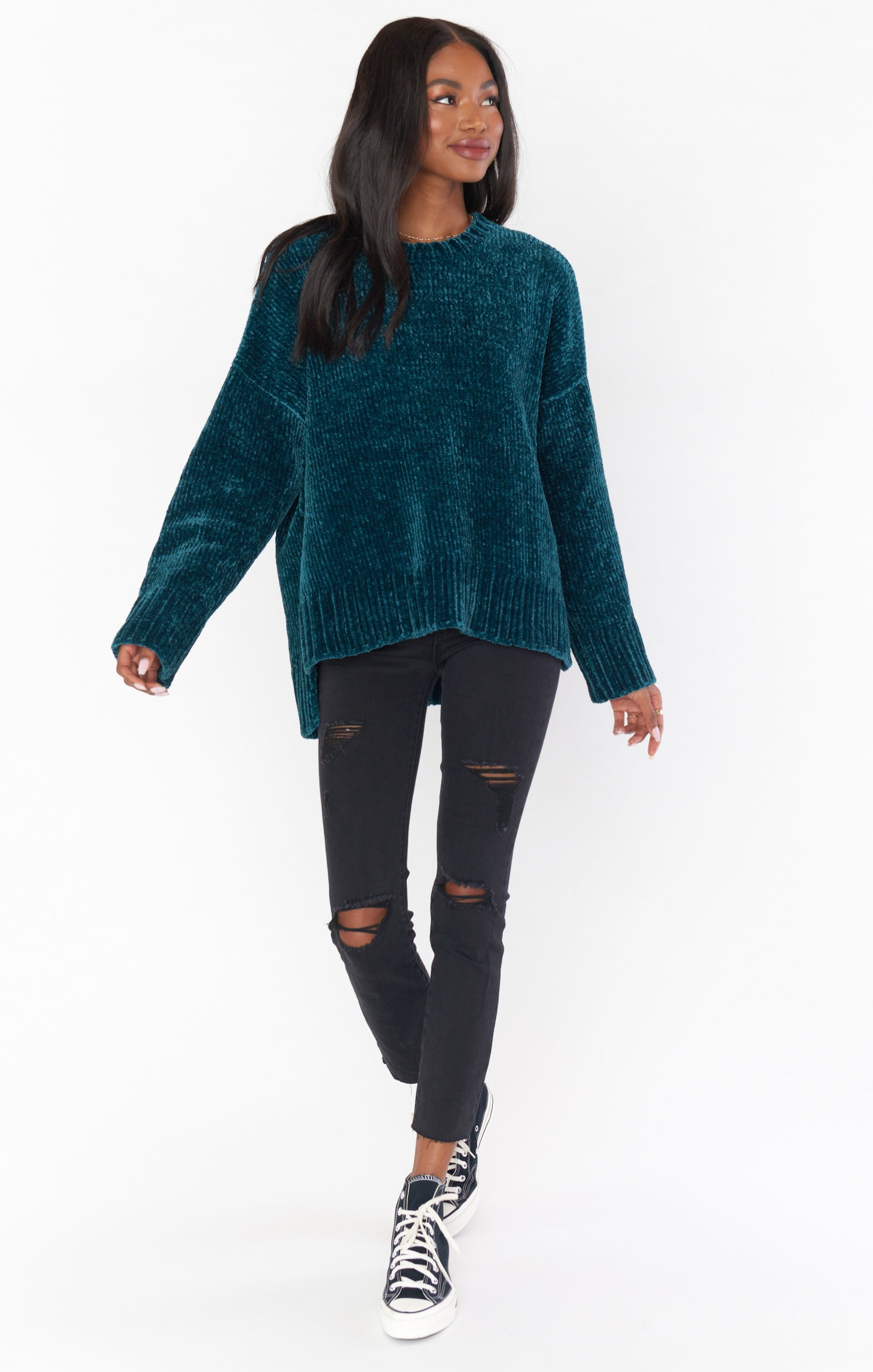 Jesse Chenille Knit Sweater in Jade Green with Dropped Shoulders