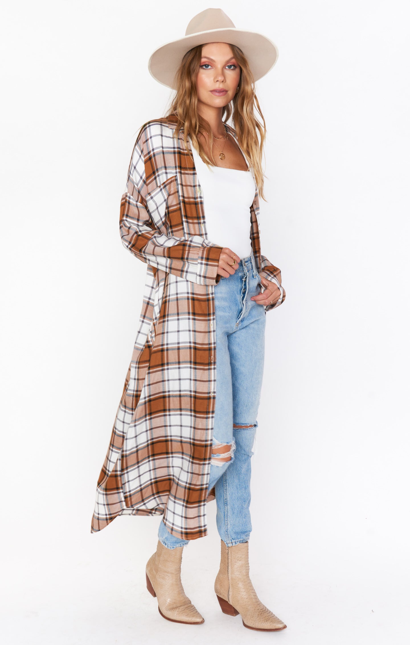 Leo Oversized Plaid Tunic Shirt in Tan - Button Down Boho Style