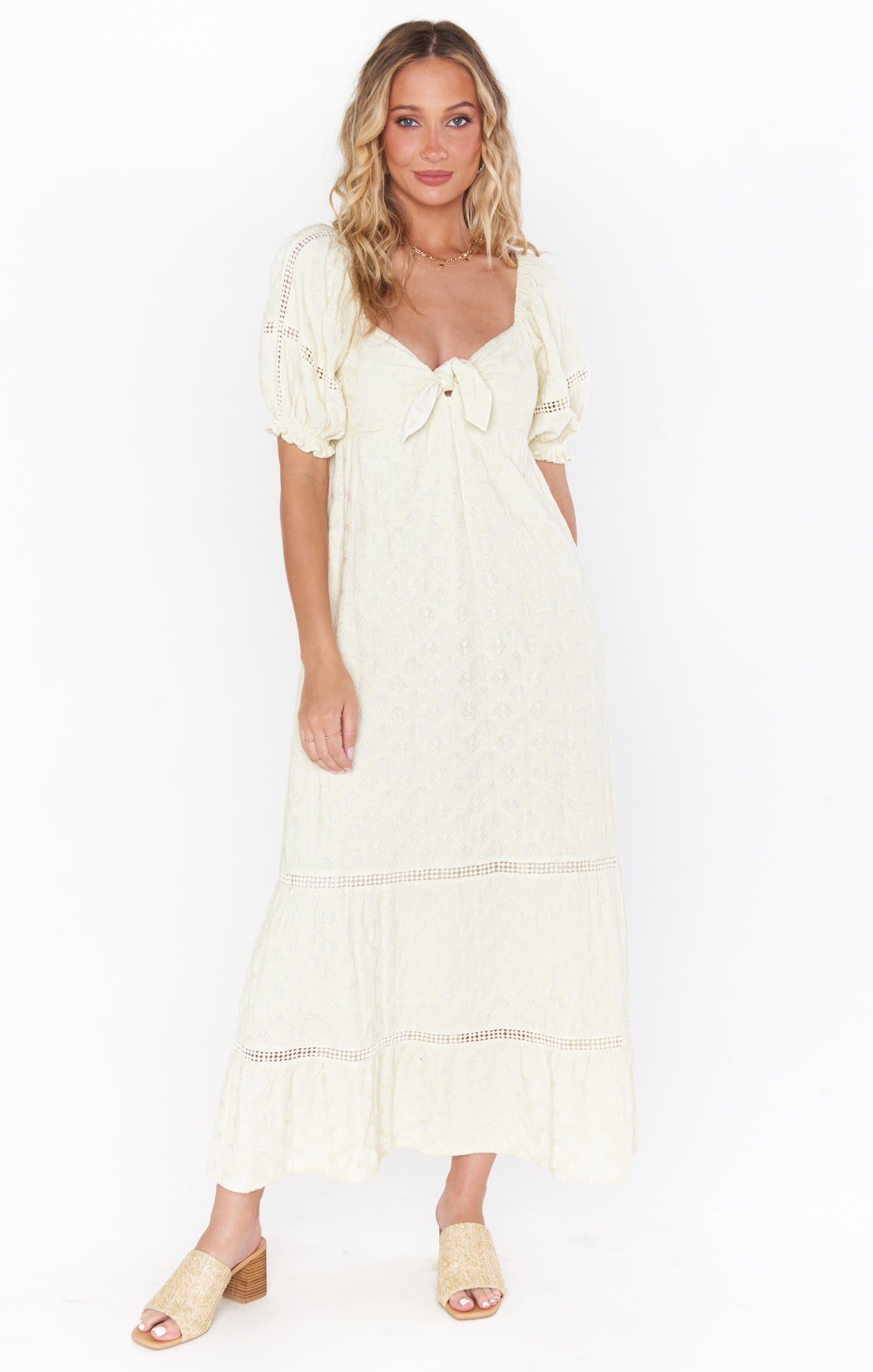 Boho Ivory Jacquard Midi Dress with Puff Sleeves