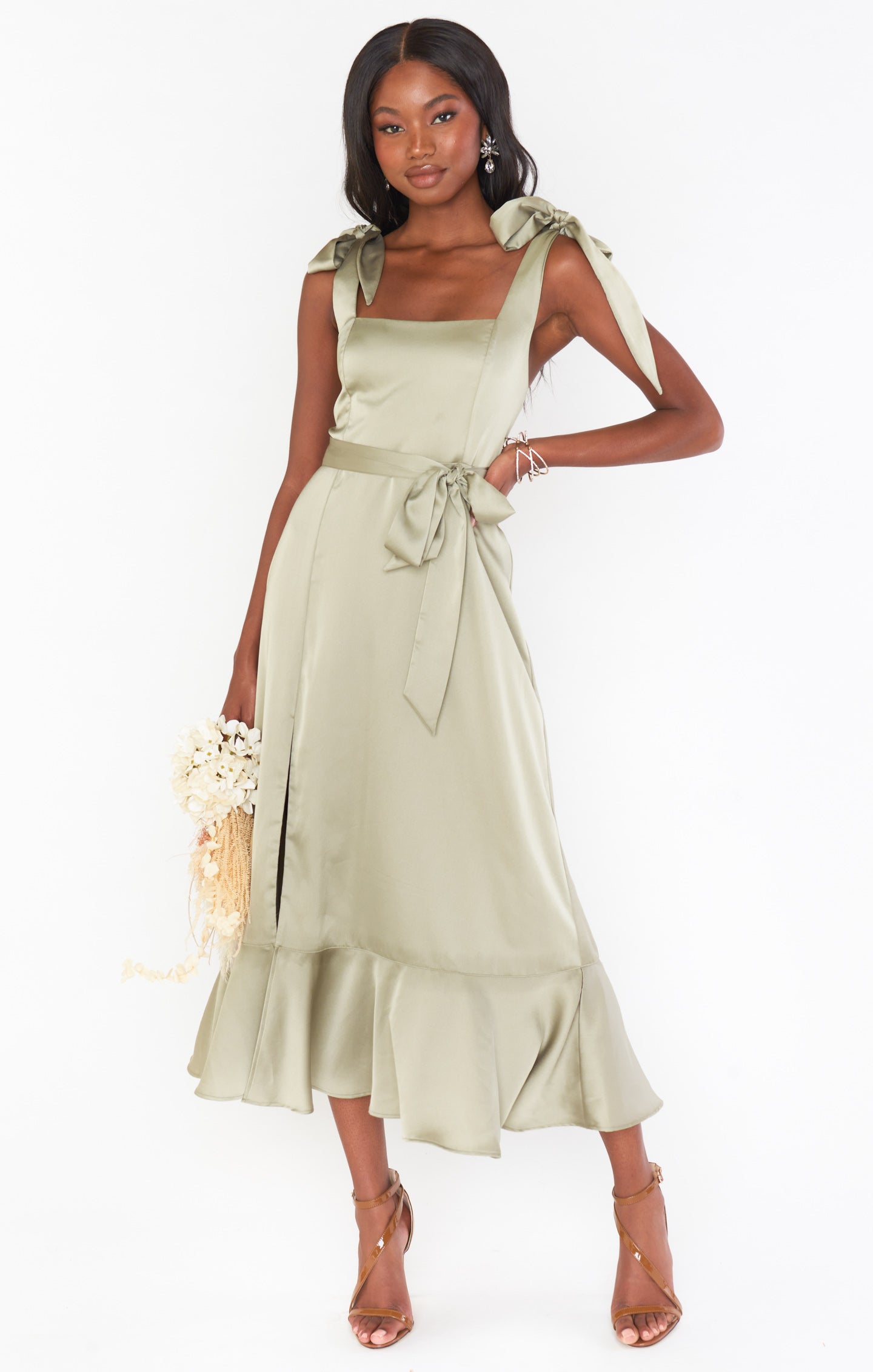 Moss Green Satin Midi Dress with Detachable Sash & Bows