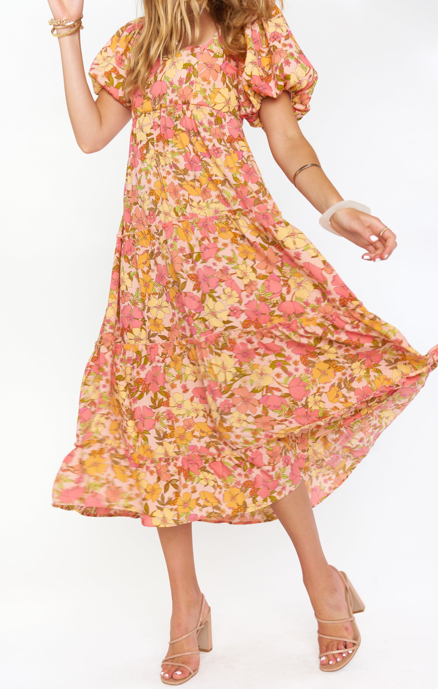 Linds Floral Midi Dress with Square Neck & Smocked Back