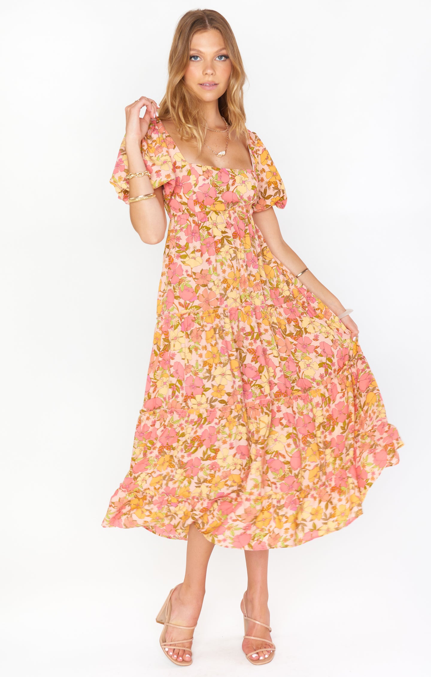 Linds Floral Midi Dress with Square Neck & Smocked Back