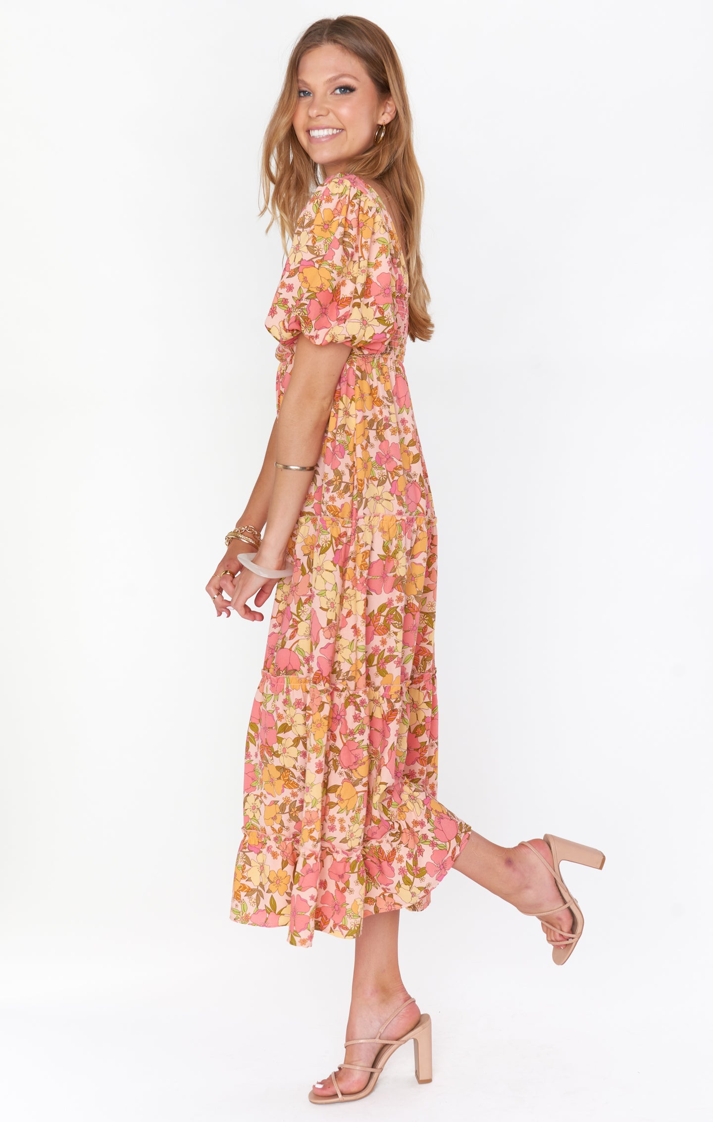 Linds Floral Midi Dress with Square Neck & Smocked Back
