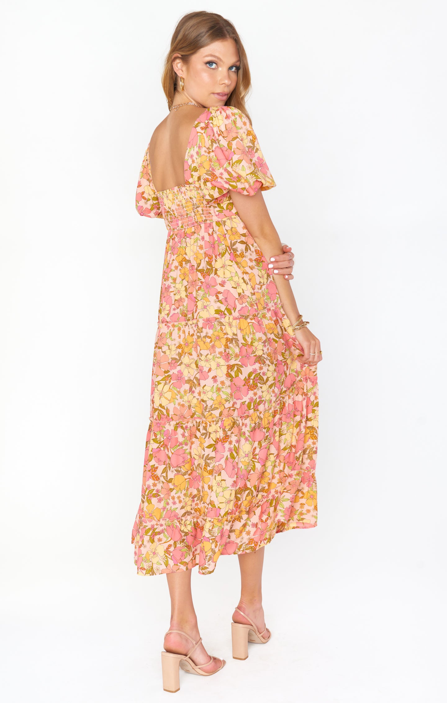 Linds Floral Midi Dress with Square Neck & Smocked Back