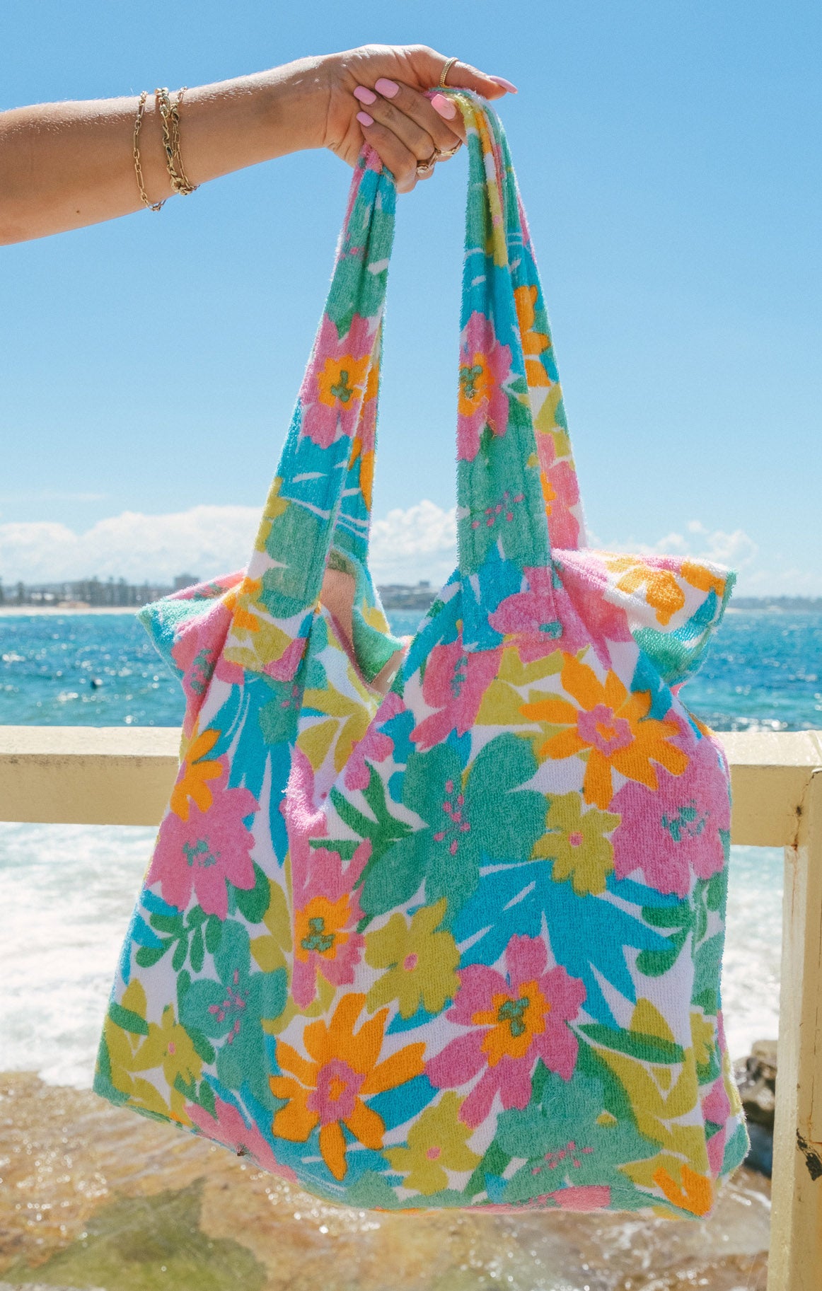 Beachy Floral Terry Tote Bag for Summer Beach & Brunch