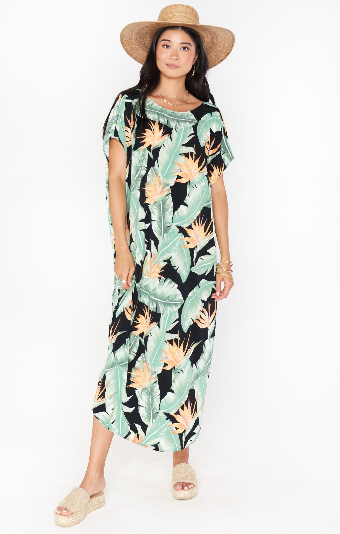 Tropical Floral Caftan Dress with Open Back for Beach Resorts