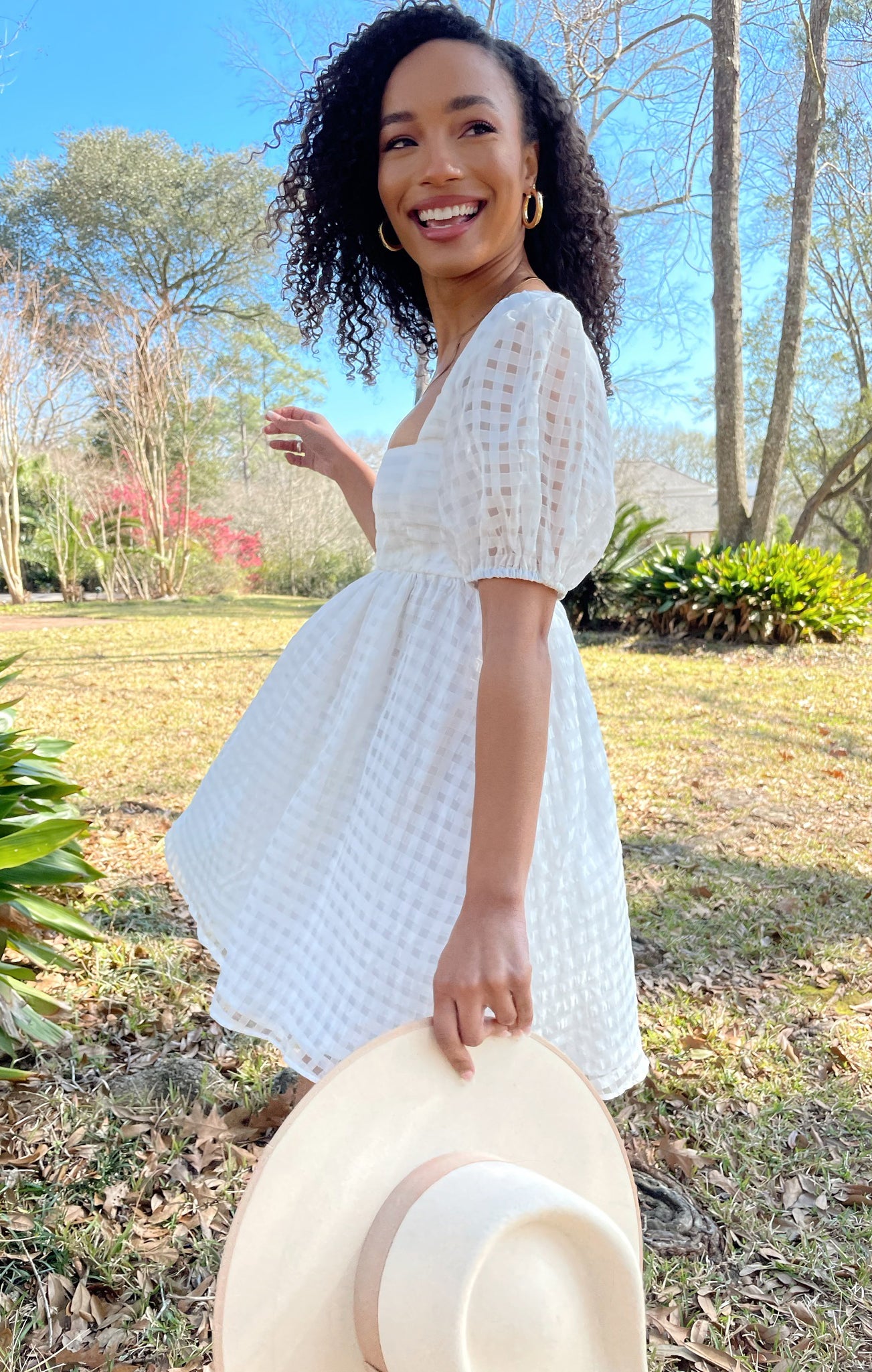 White Checkered Babydoll Dress with Square Neck & Puff Sleeves