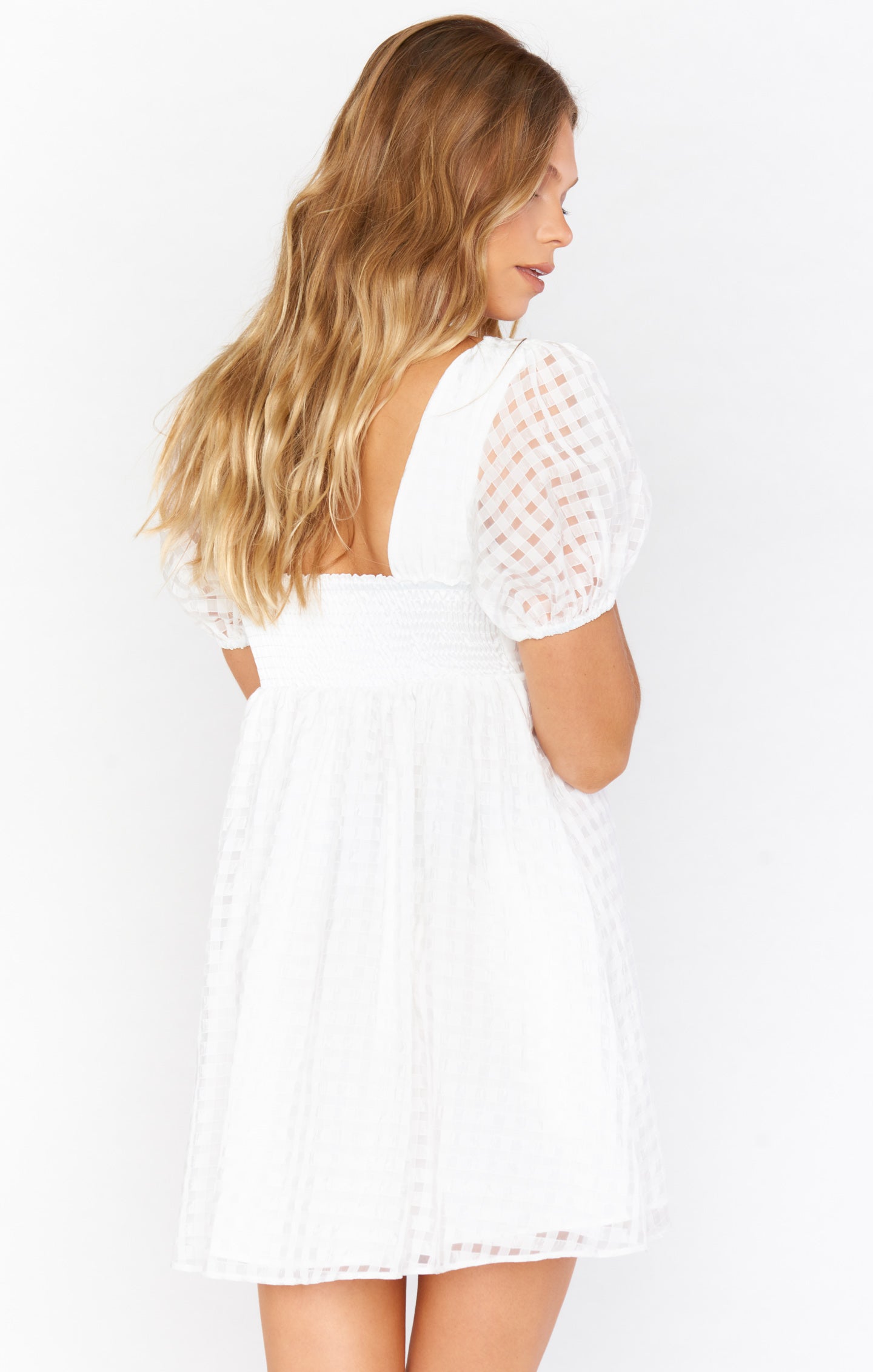 White Checkered Babydoll Dress with Square Neck & Puff Sleeves