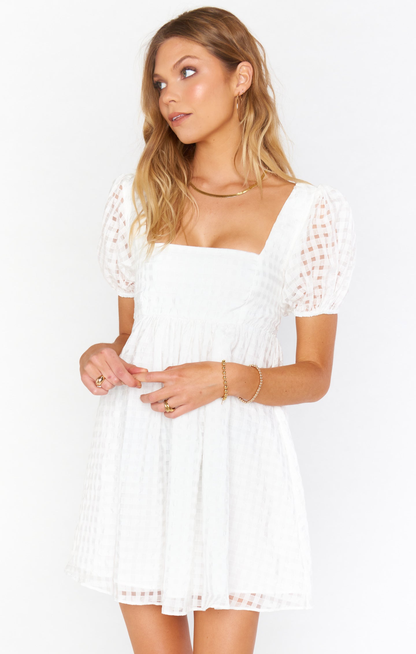 White Checkered Babydoll Dress with Square Neck & Puff Sleeves