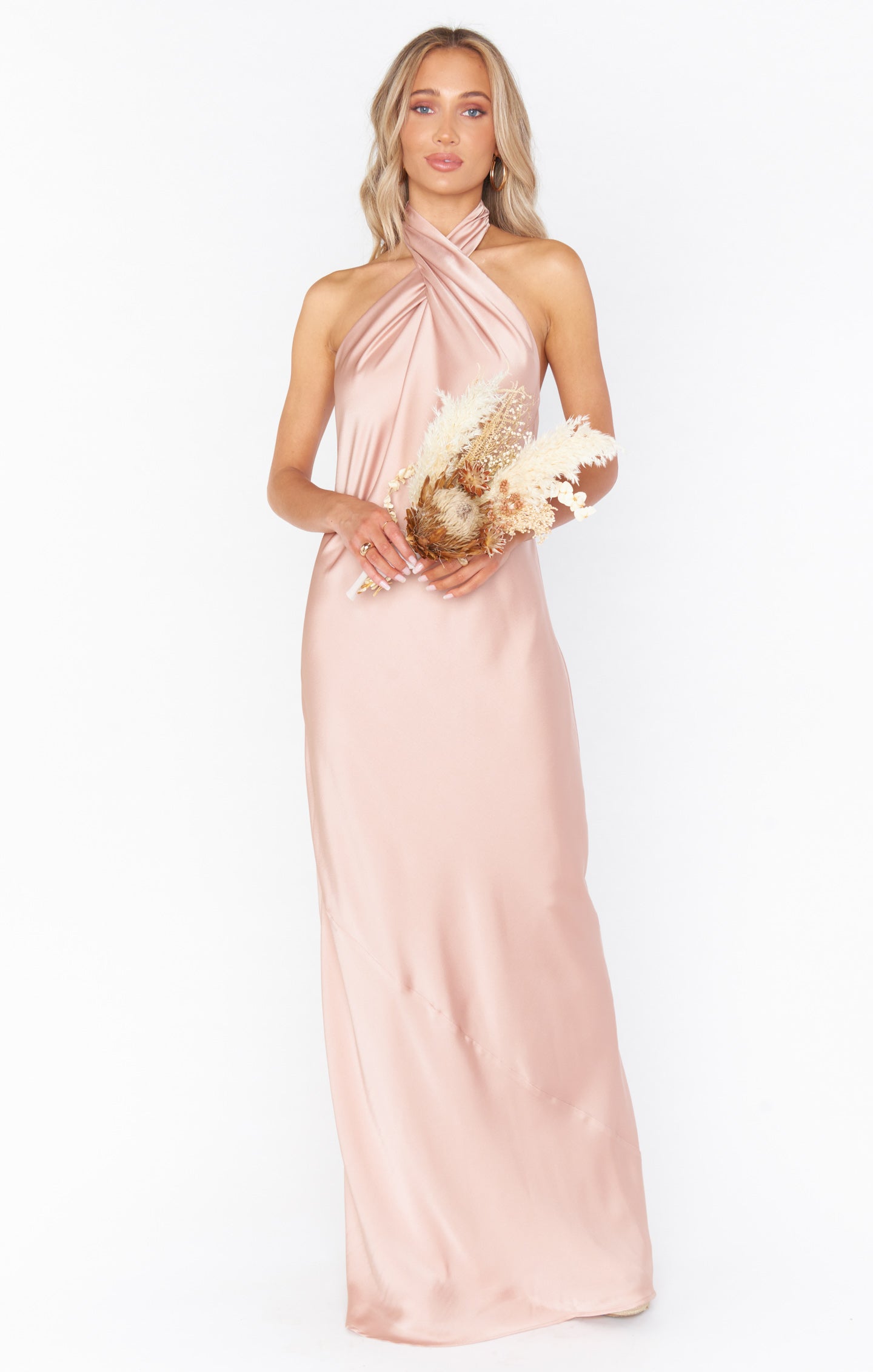 Jasmine Halter Maxi Dress - Rose Gold Satin for Special Occasions