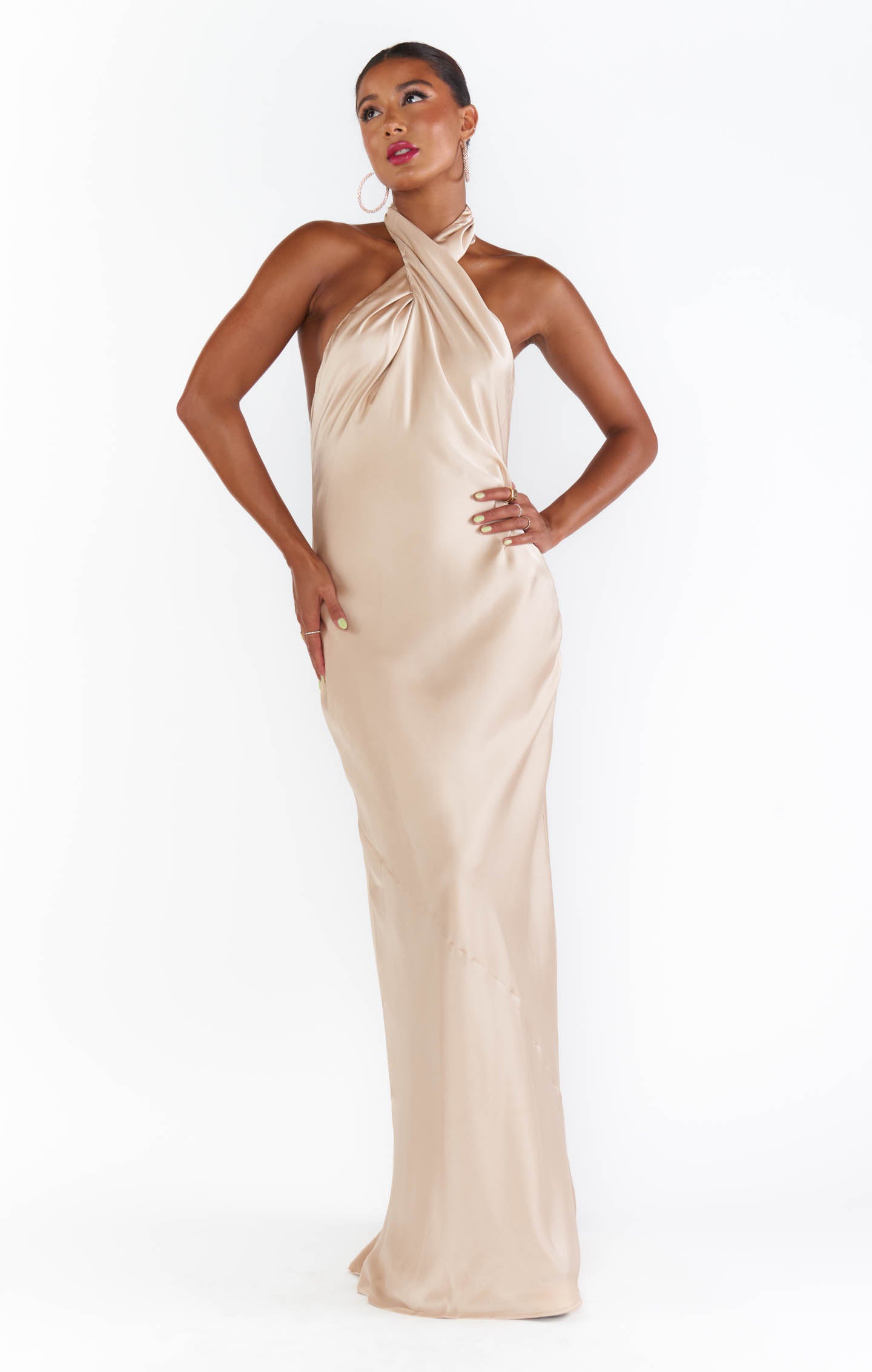 Jasmine Halter Neck Maxi Dress in Luxe Champagne Satin