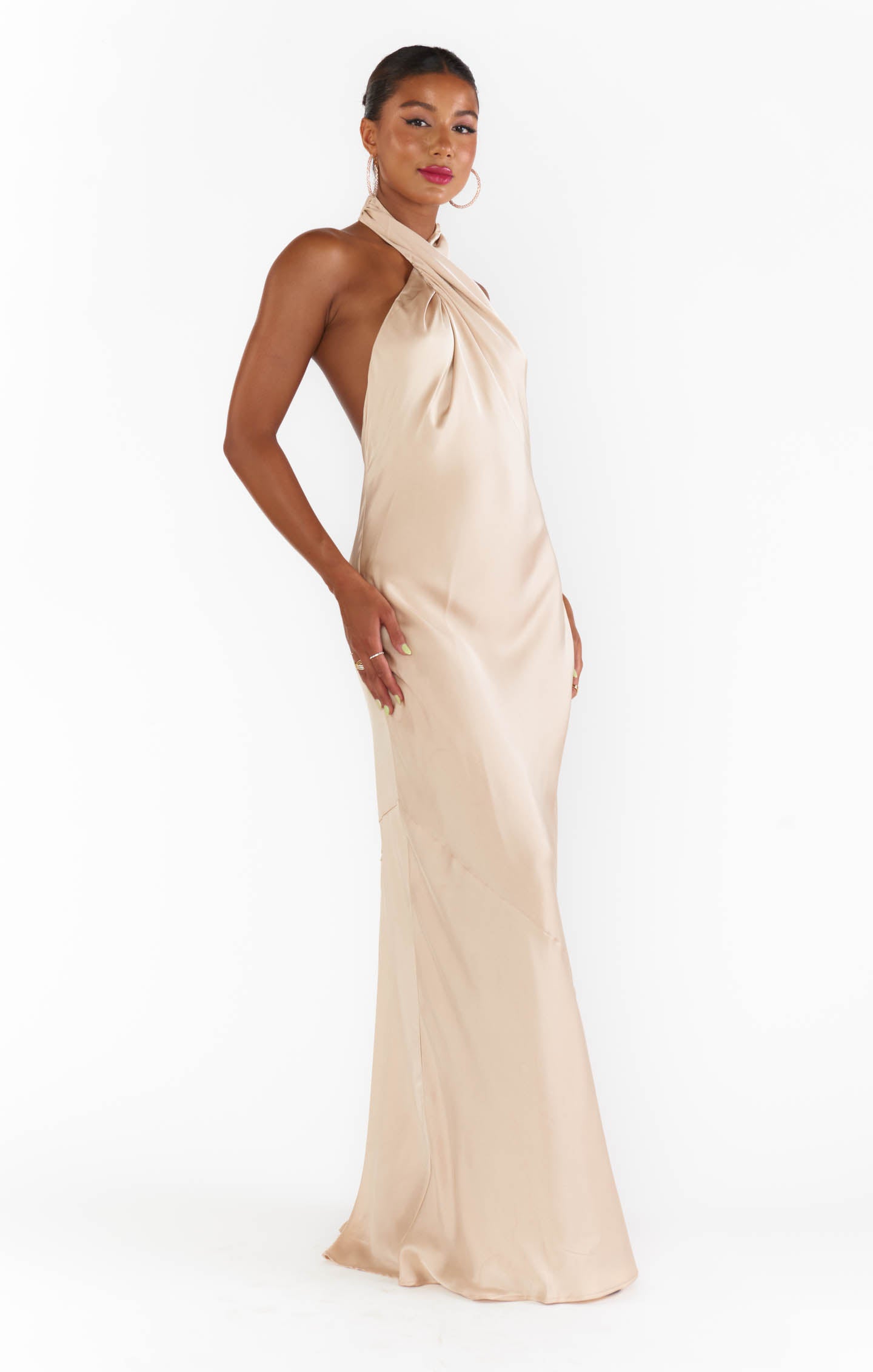 Jasmine Halter Neck Maxi Dress in Luxe Champagne Satin