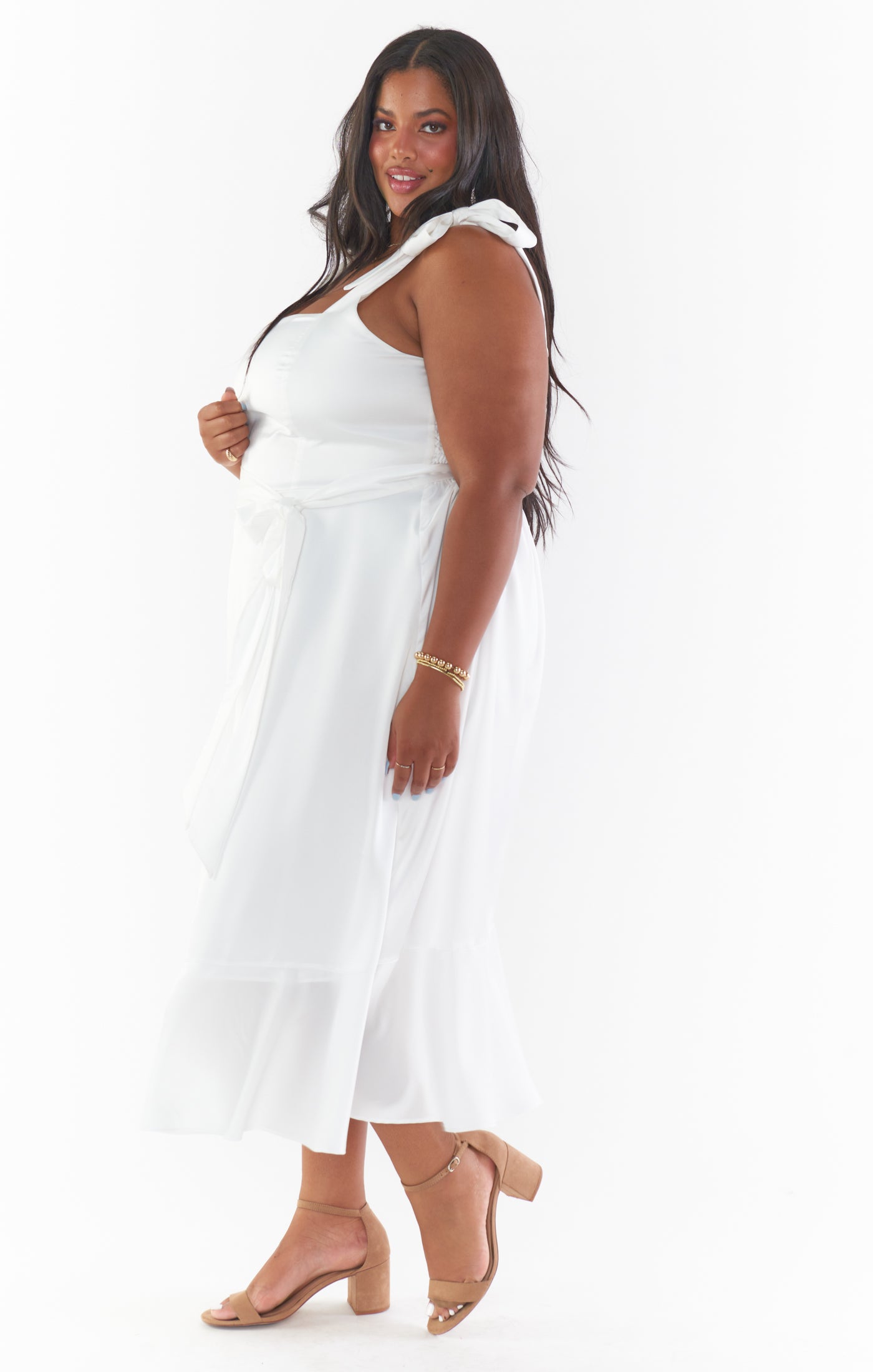 Ivory Luxe Satin Garden Midi Dress with Adjustable Tie Straps