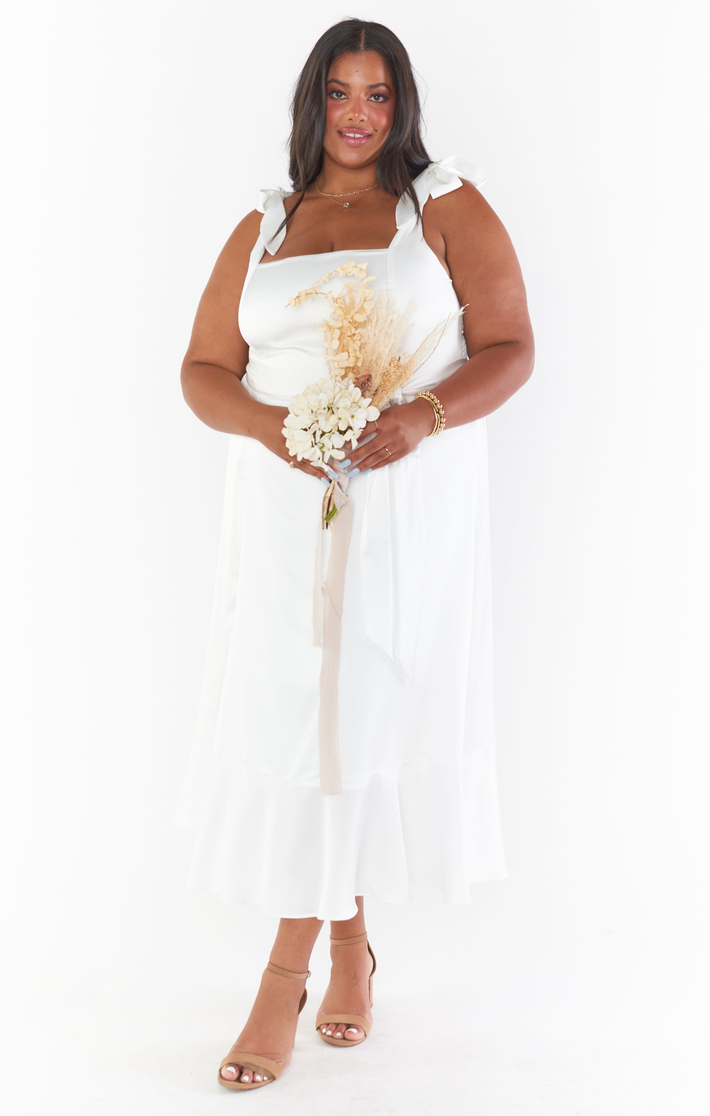 Ivory Luxe Satin Garden Midi Dress with Adjustable Tie Straps