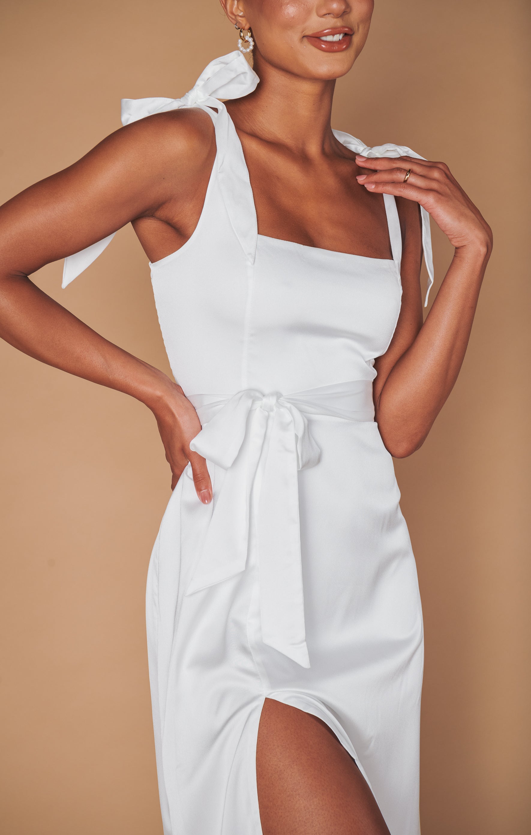 Ivory Luxe Satin Garden Midi Dress with Adjustable Tie Straps