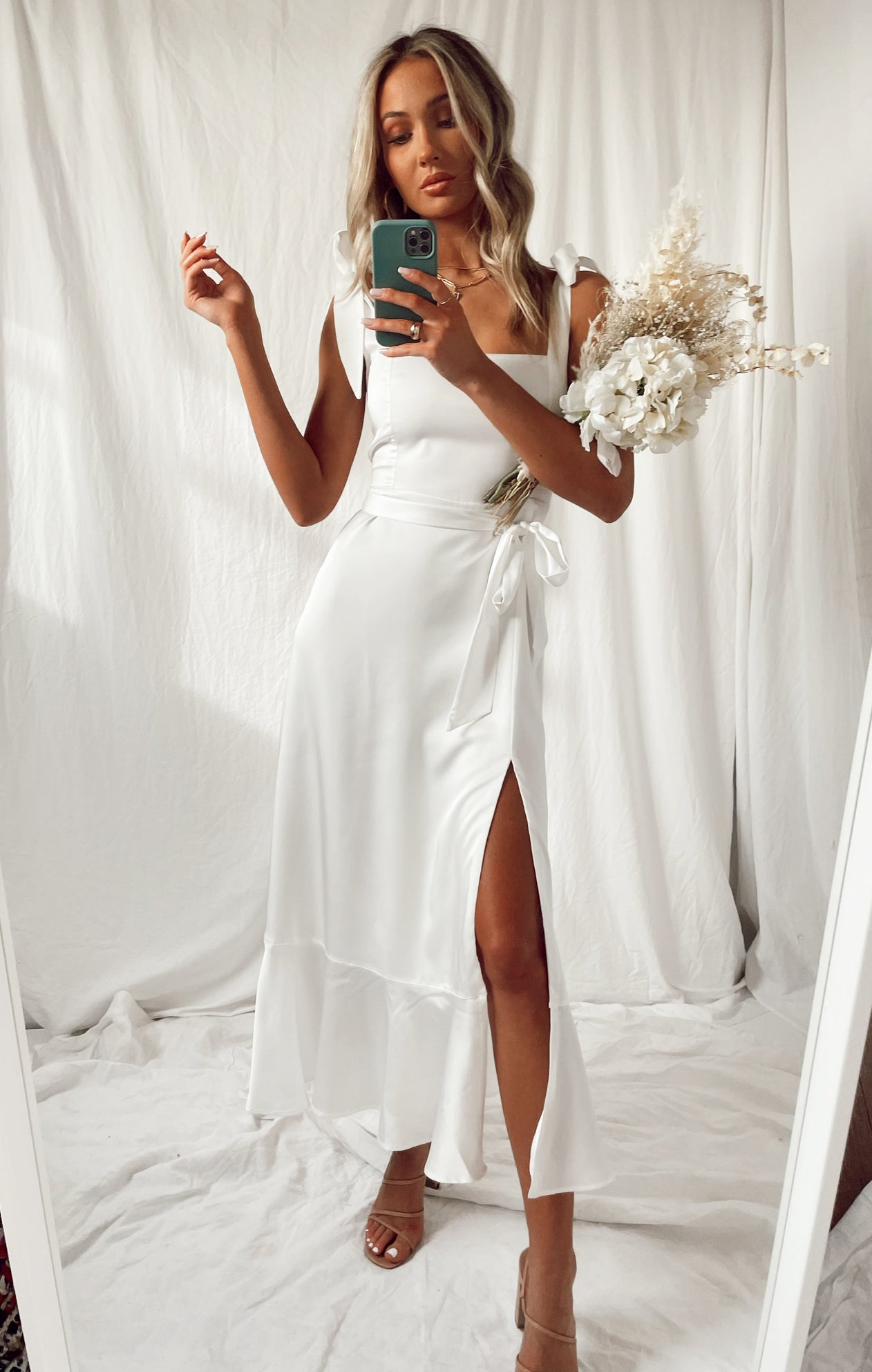 Ivory Luxe Satin Garden Midi Dress with Adjustable Tie Straps