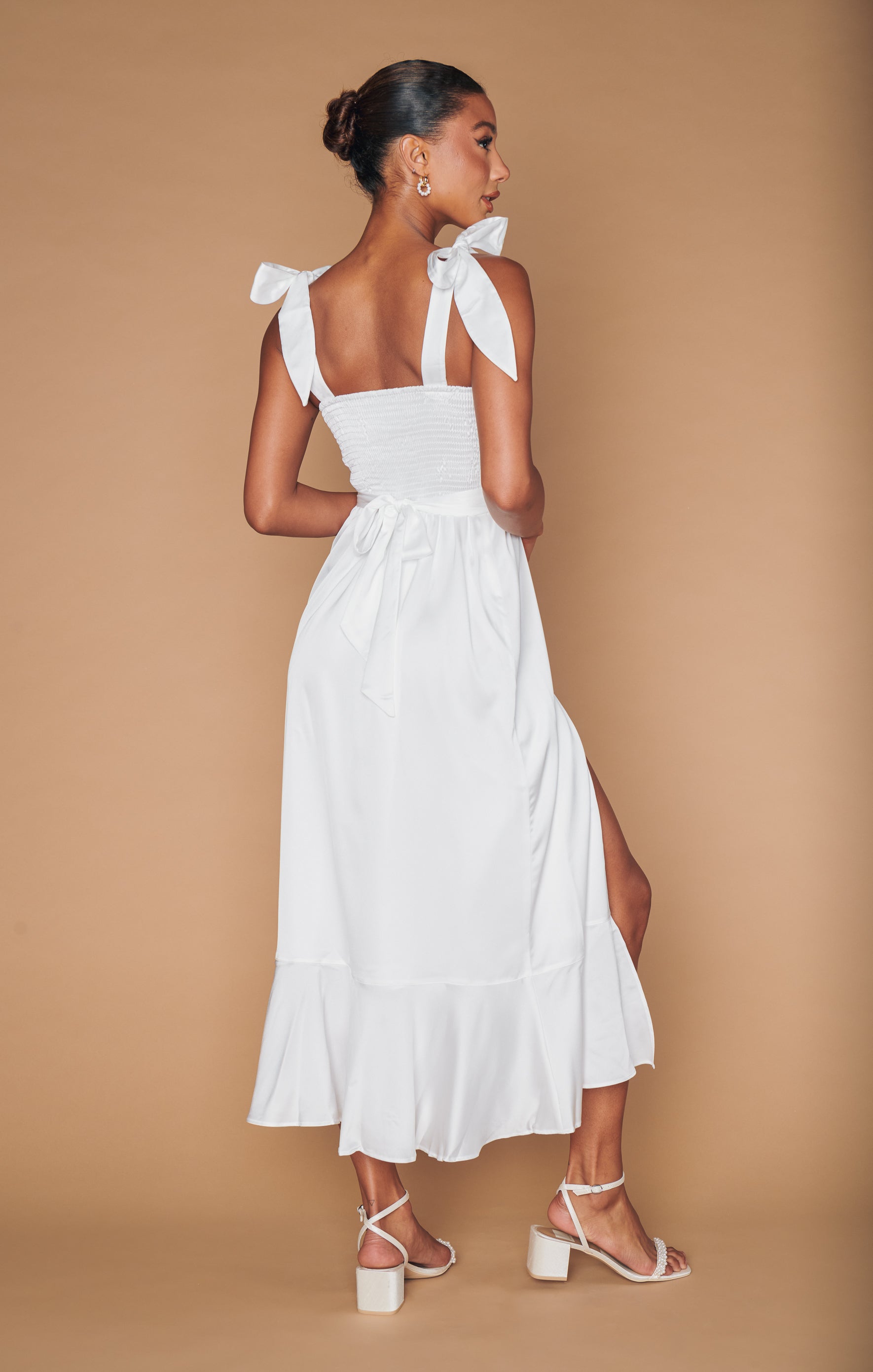 Ivory Luxe Satin Garden Midi Dress with Adjustable Tie Straps
