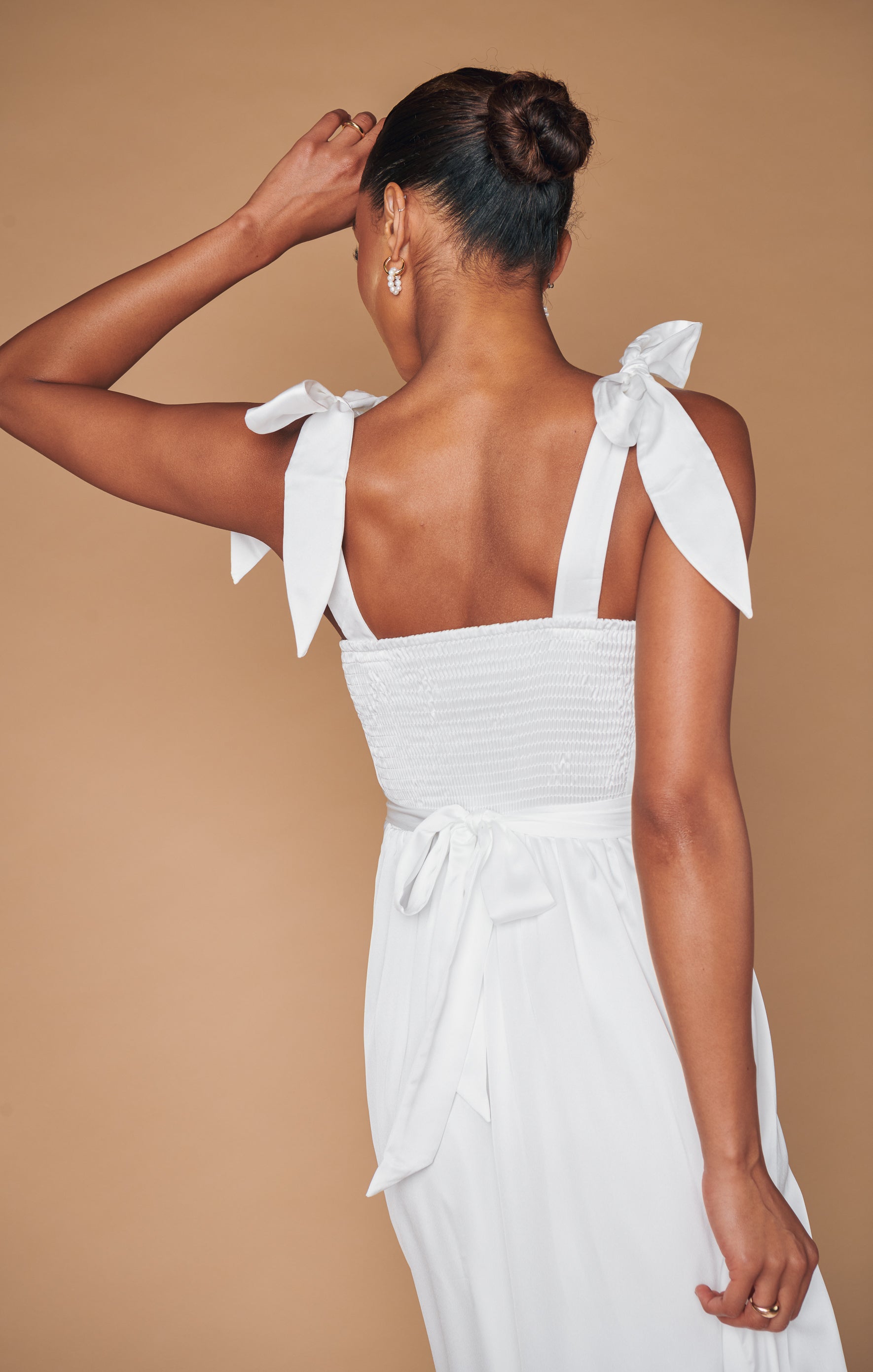 Ivory Luxe Satin Garden Midi Dress with Adjustable Tie Straps