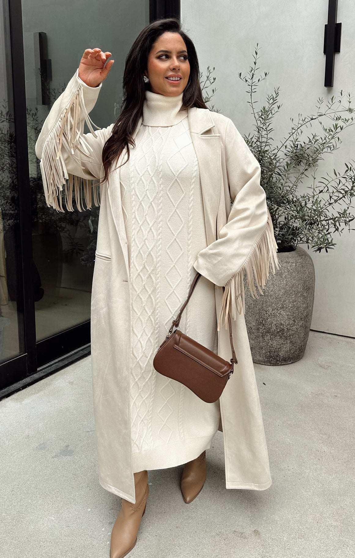 Cable Knit Turtleneck Midi Dress - Cream Winter Dress