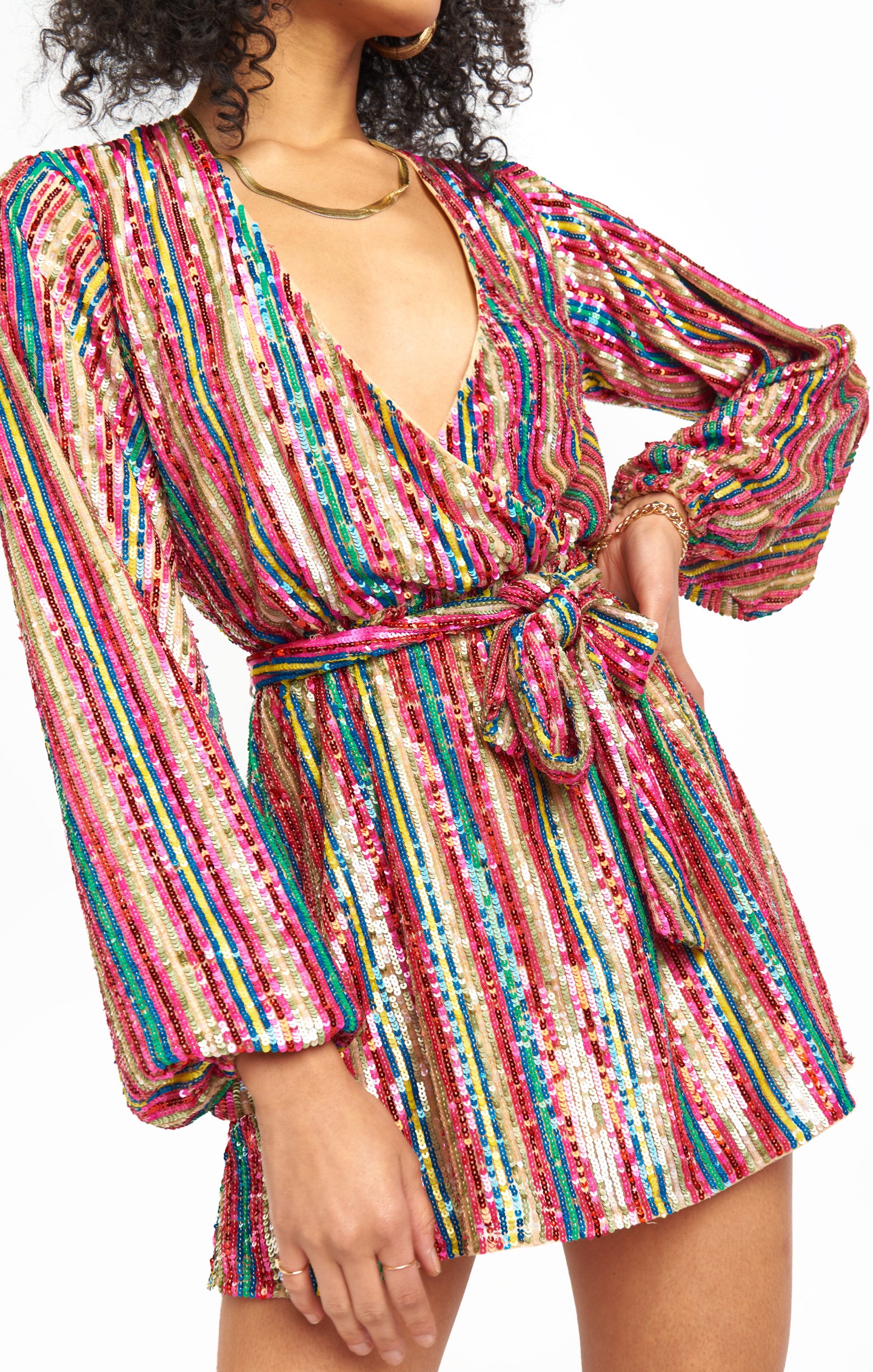 Rainbow Sequin Mini Dress with Bubble Sleeves & Waist Tie