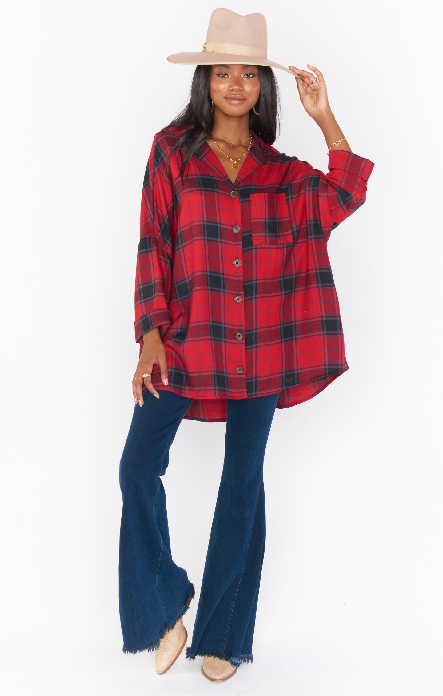 Lorolie Plaid Tunic Shirt - Oversized Button Down Top