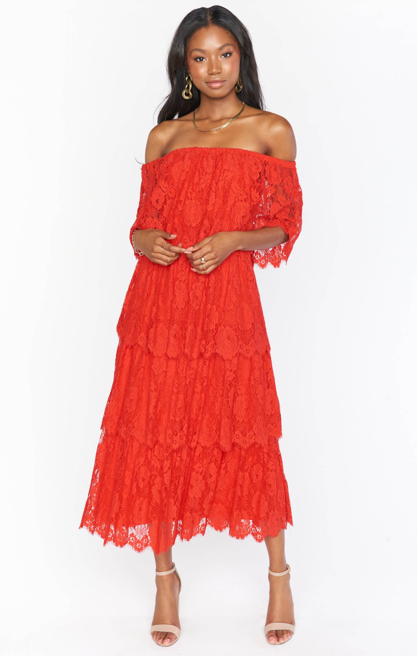 Red Lace Midi Dress - Off Shoulder or Strapless Spring Dress