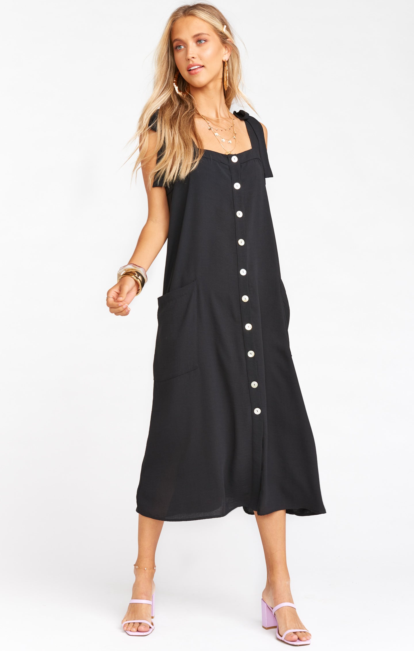 Black Midi Dress with Tie Straps & Pockets – Lucas