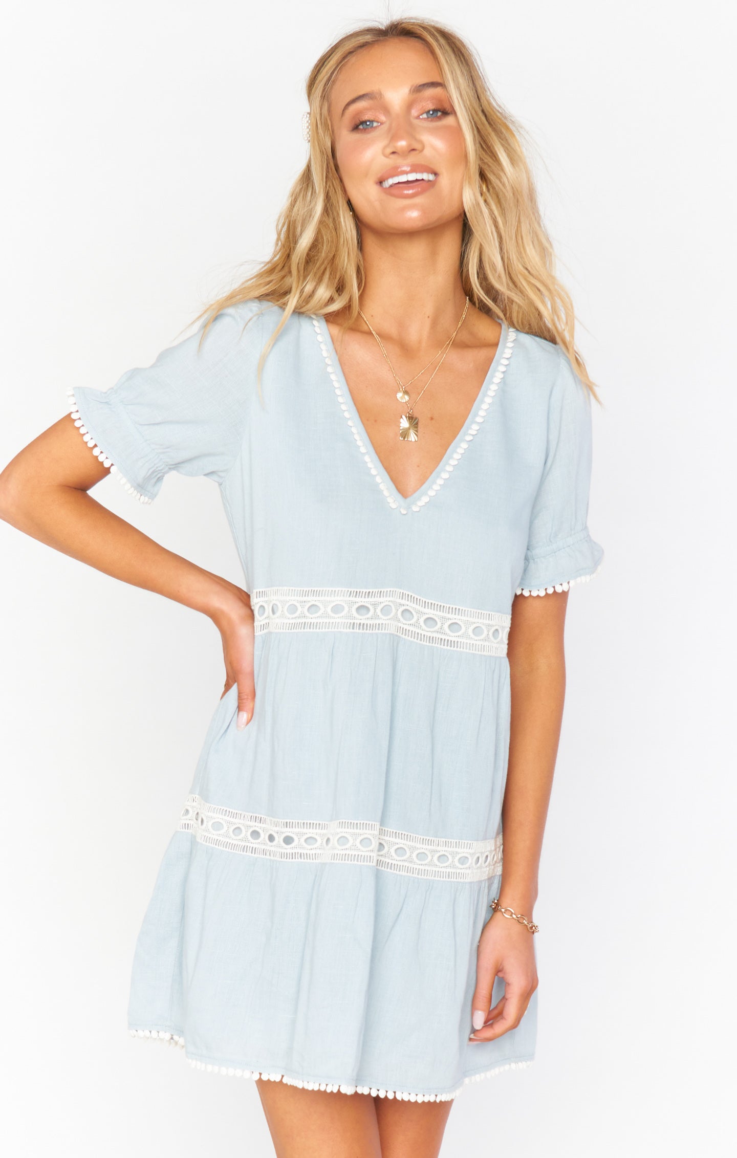 Sky Blue Cotton Mini Dress with V-Neck & Puffed Sleeves – Hera Mini