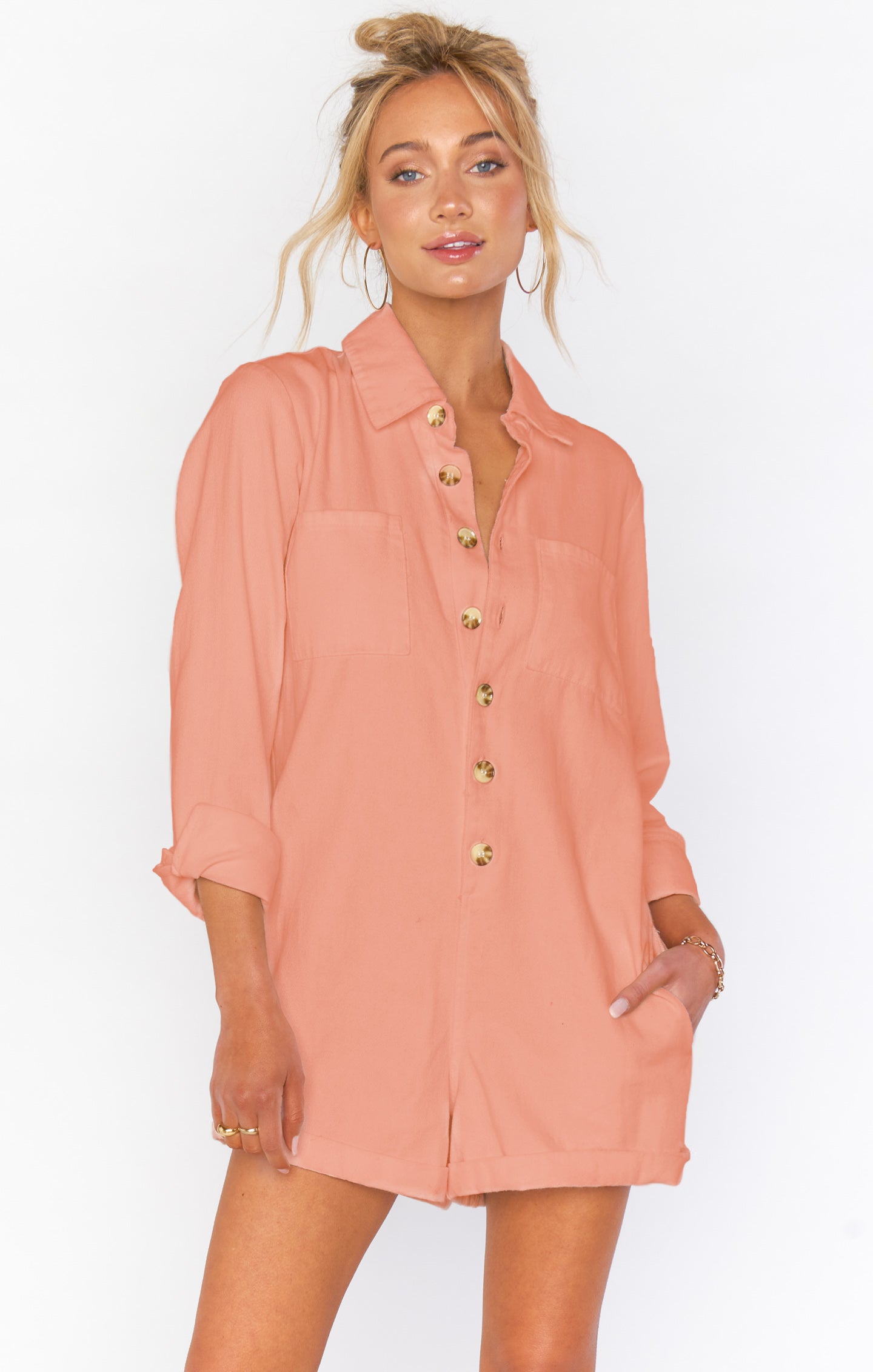 Tegan Denim Romper Jumper in Dusty Coral | Effortless Weekend Outfit