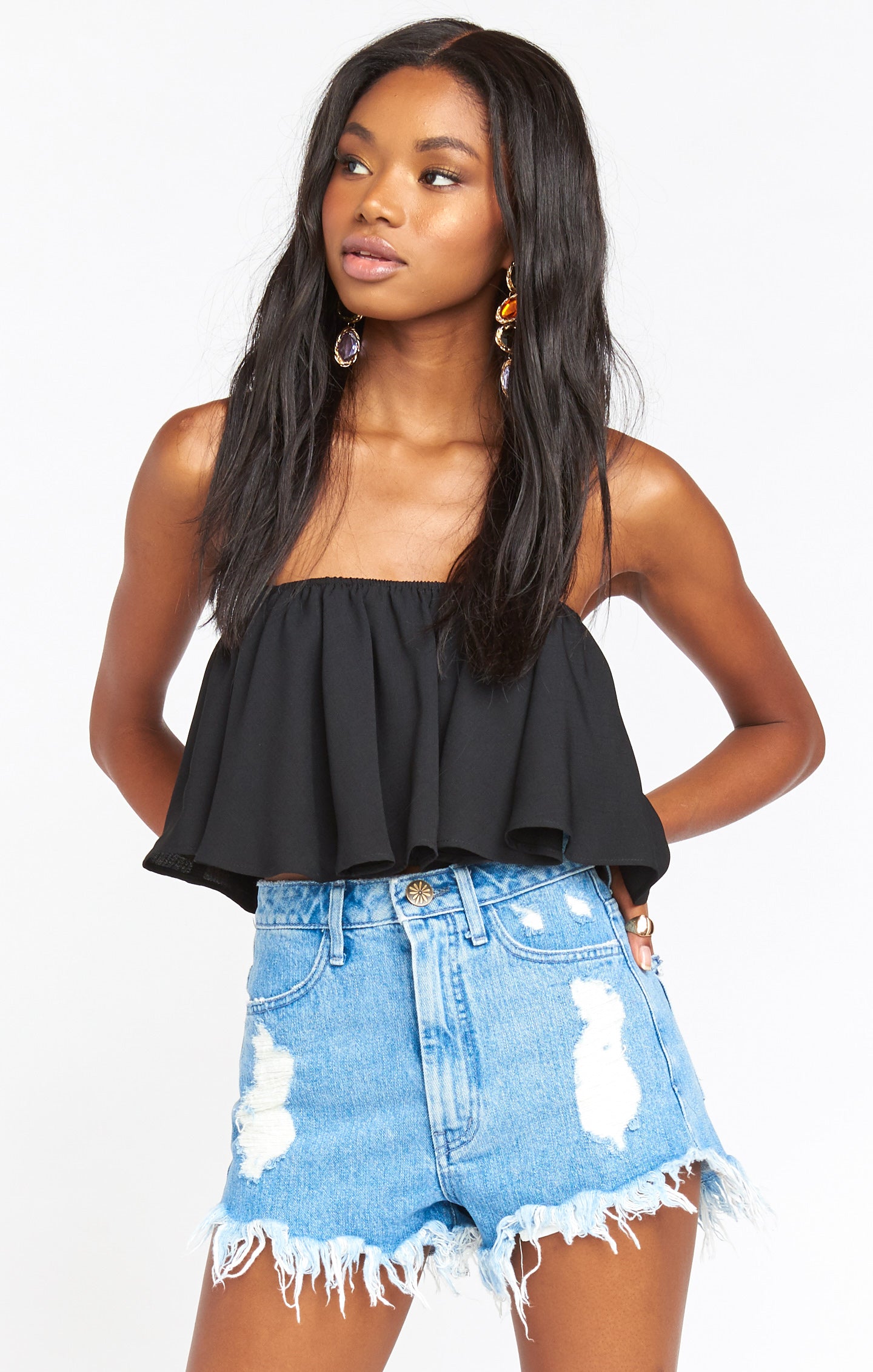 Heidi Black Ruffle Crop Top - Flowy Off Shoulder Style