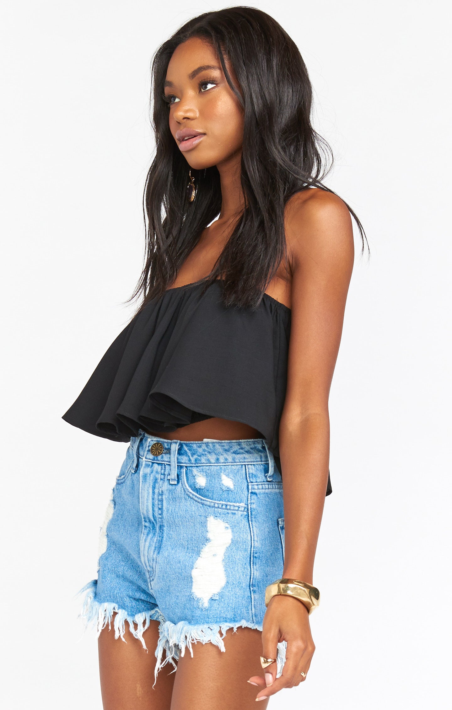 Heidi Black Ruffle Crop Top - Flowy Off Shoulder Style
