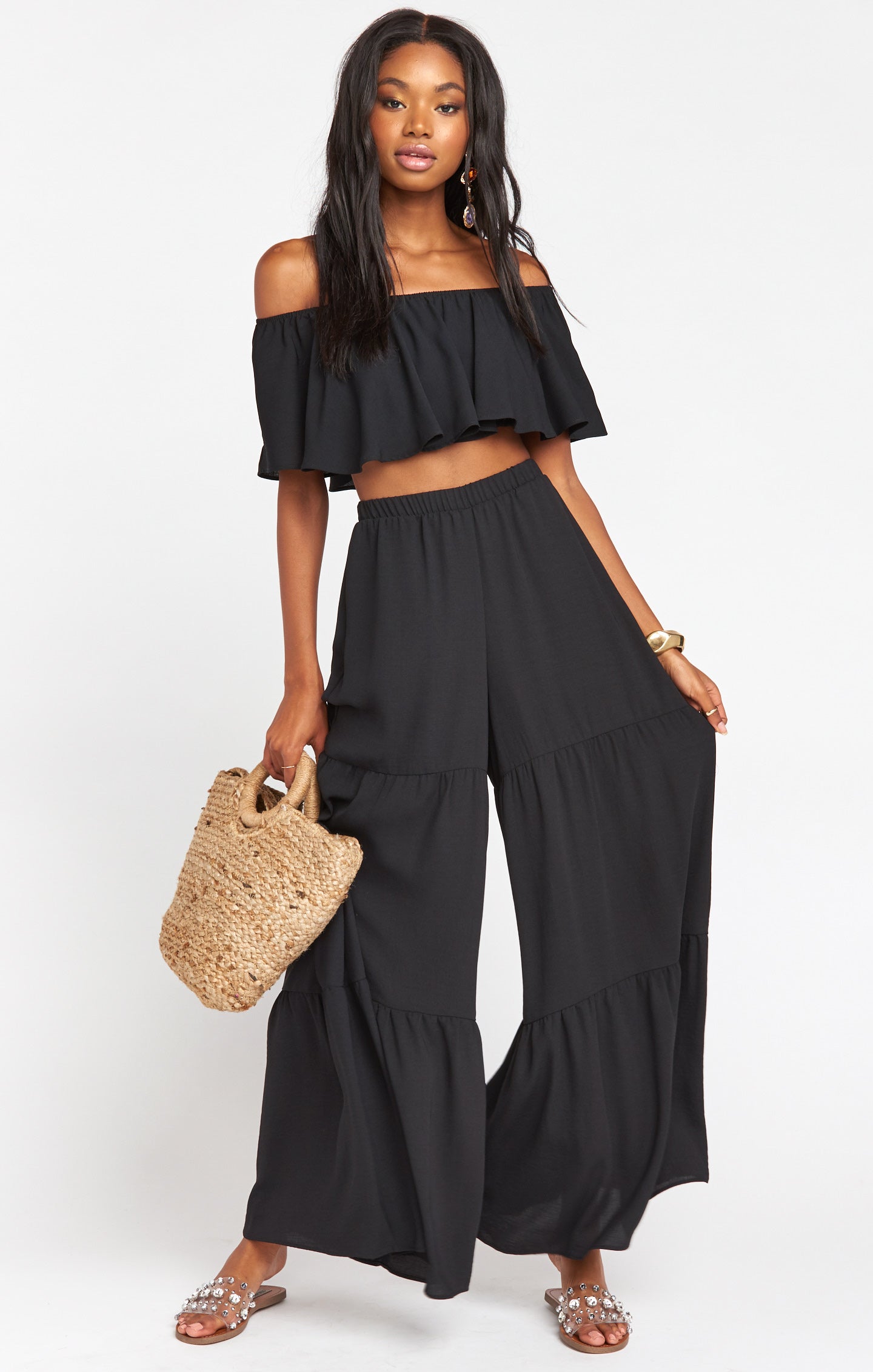 Heidi Black Ruffle Crop Top - Flowy Off Shoulder Style