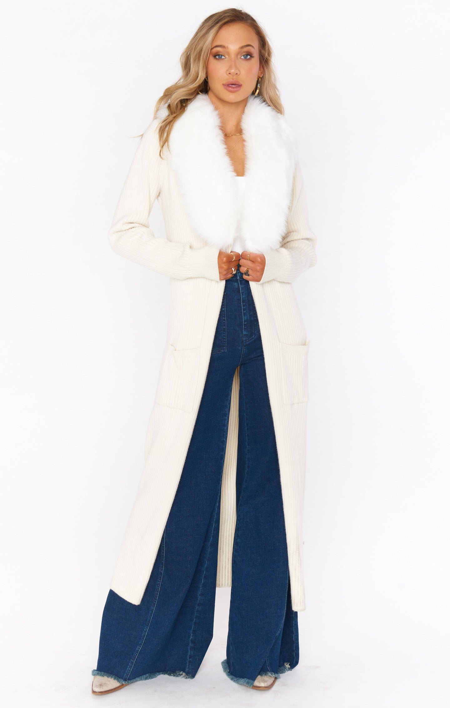 Lombardi White Faux Fur Collar Long Cardigan Sweater