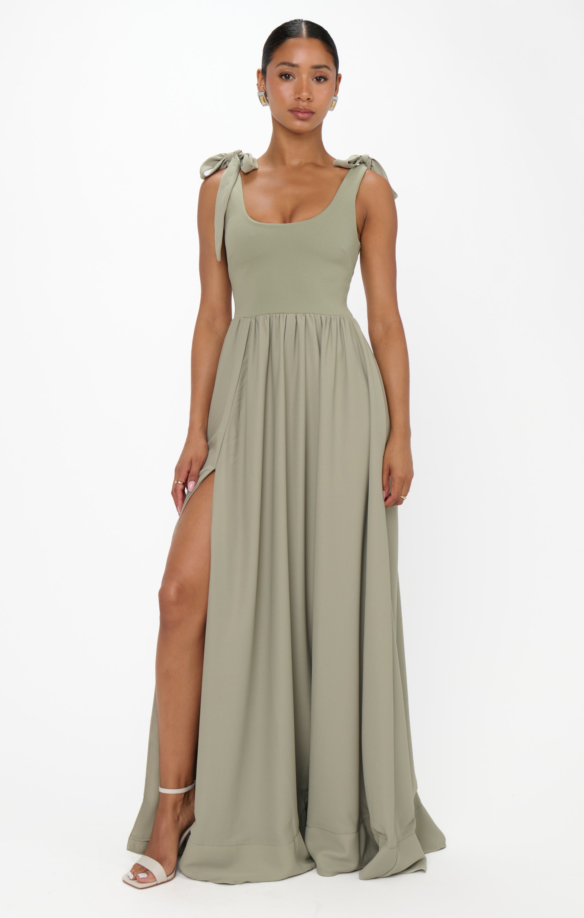 Harper Maxi Dress in Moss Green with Detachable Bows & Side Slit