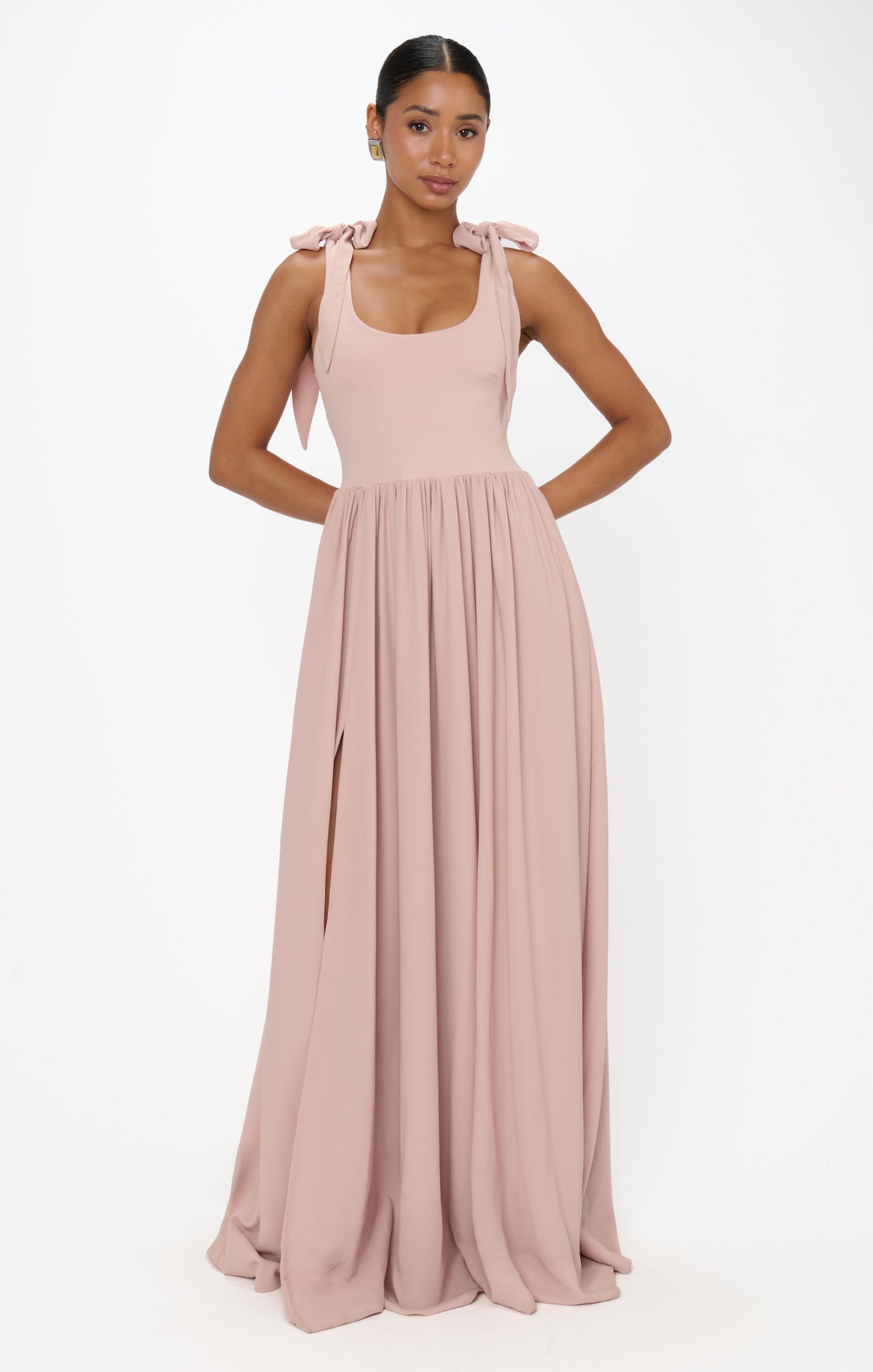 Harper Maxi Dress with Detachable Bows & Side Slit - Dusty Blush