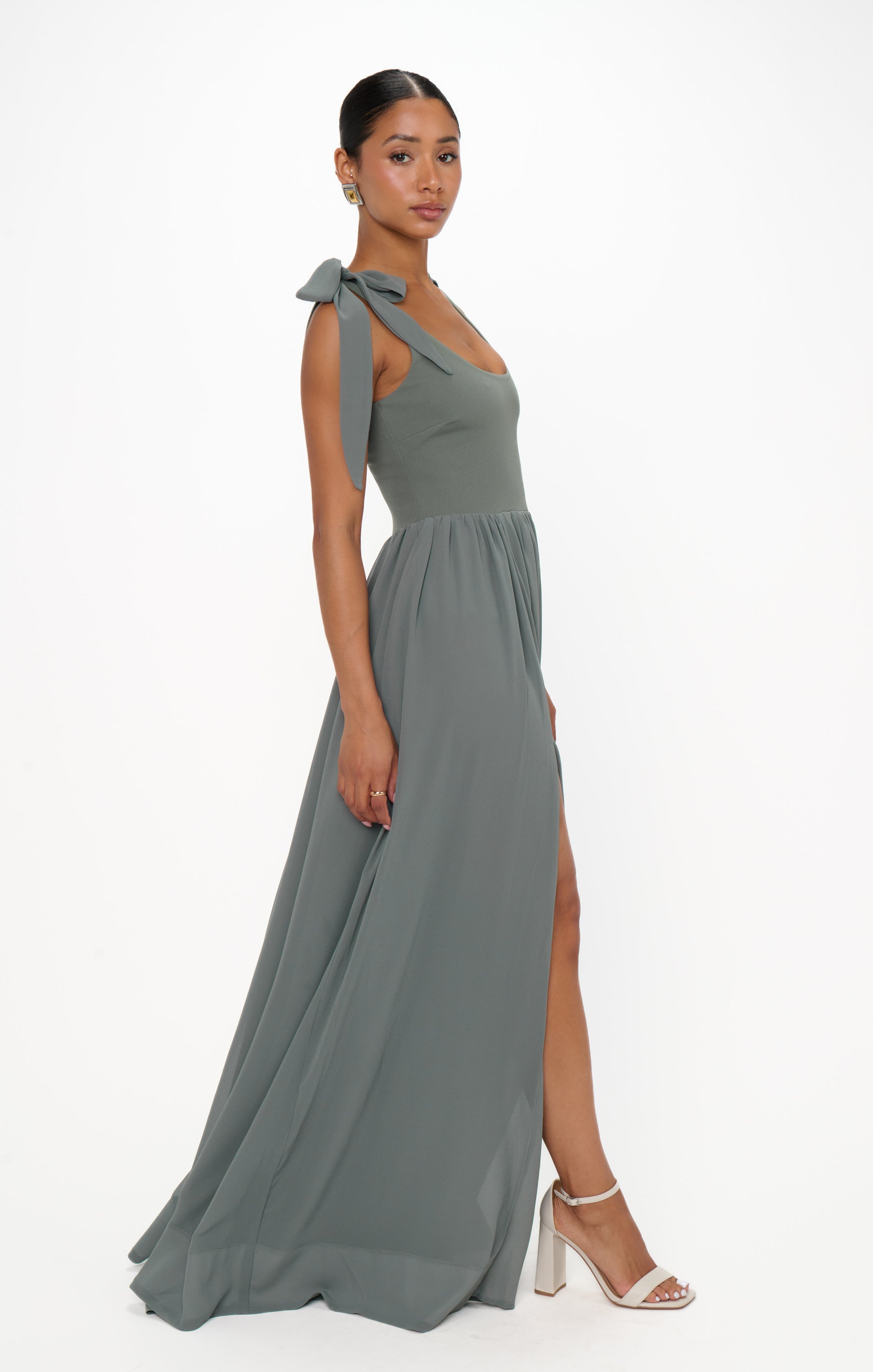 Harper Deep Sage Chiffon Maxi Dress with Detachable Bows