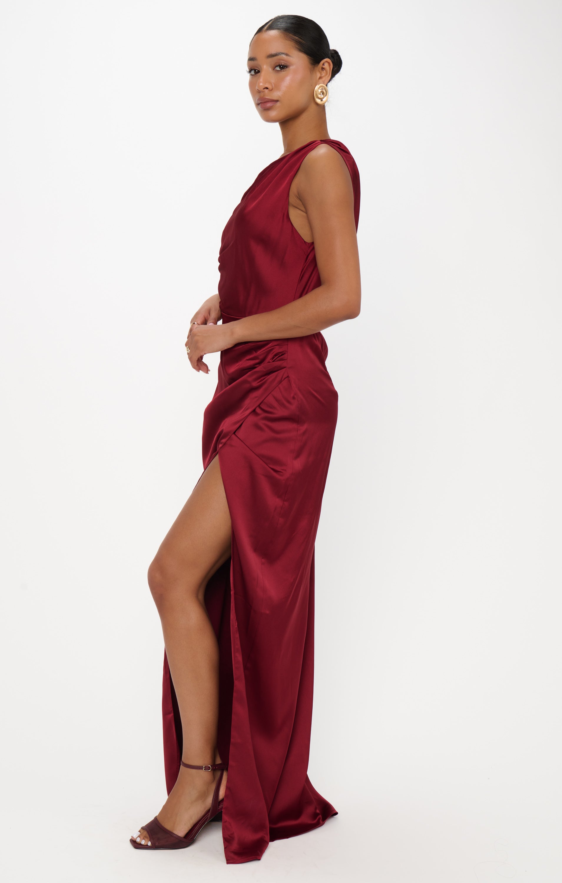 Cranberry Luxe Satin Jodie Dress with Side Slit