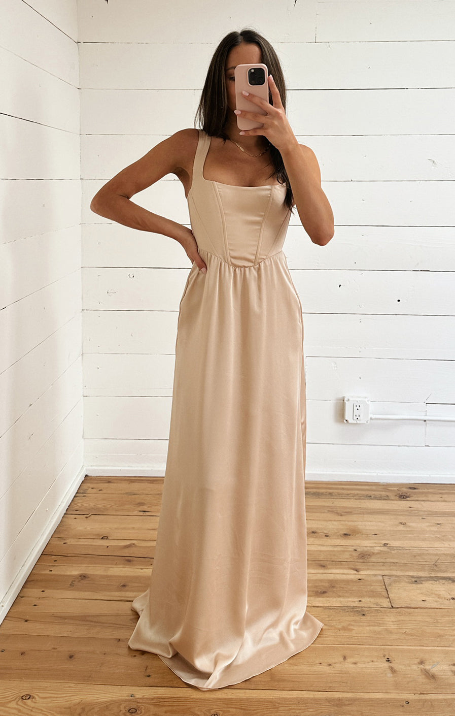 Nina Luxe Satin Maxi Dress with Corset Bodice