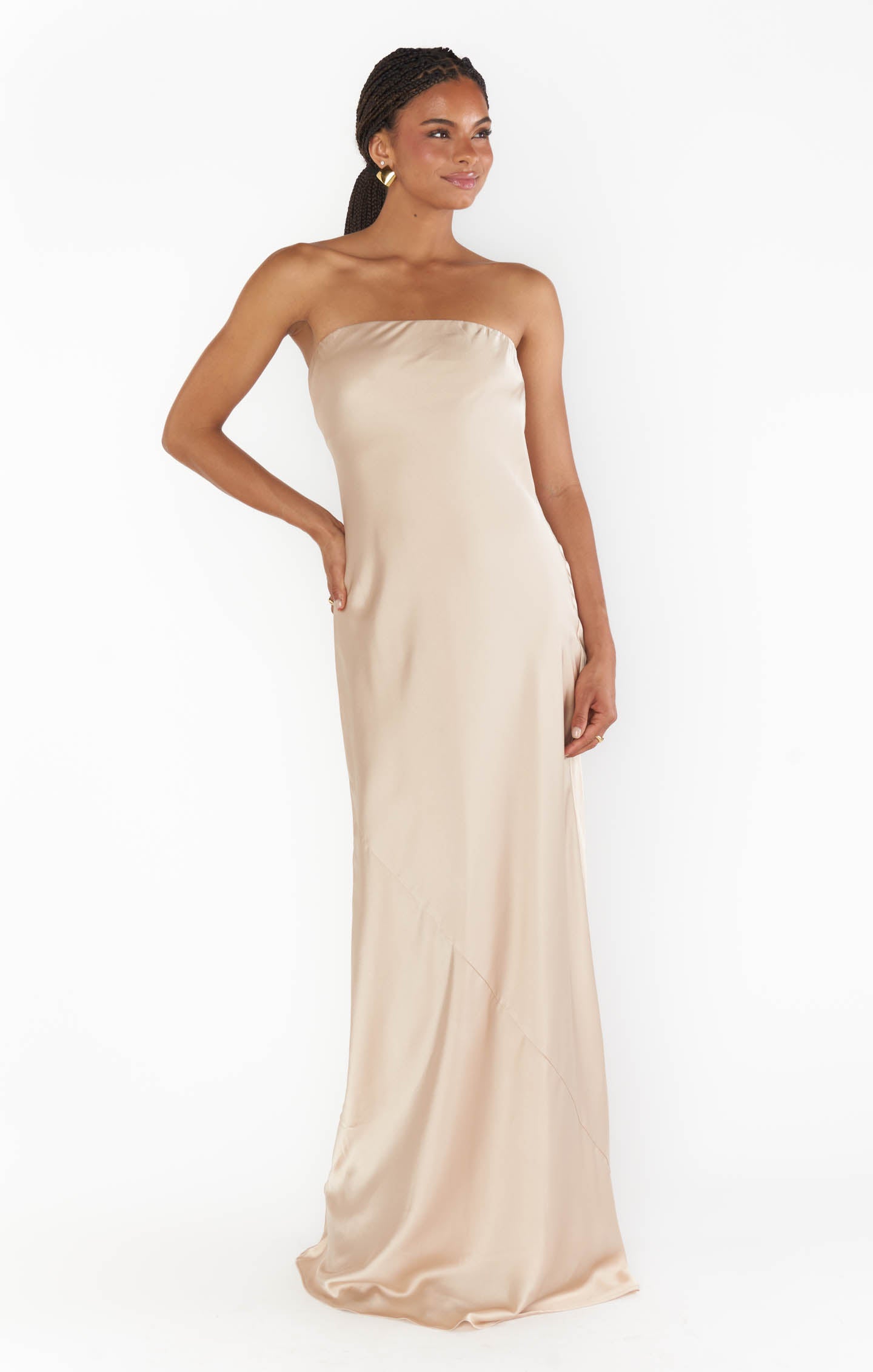 Taylor Strapless Satin Maxi Dress in Champagne for Special Events