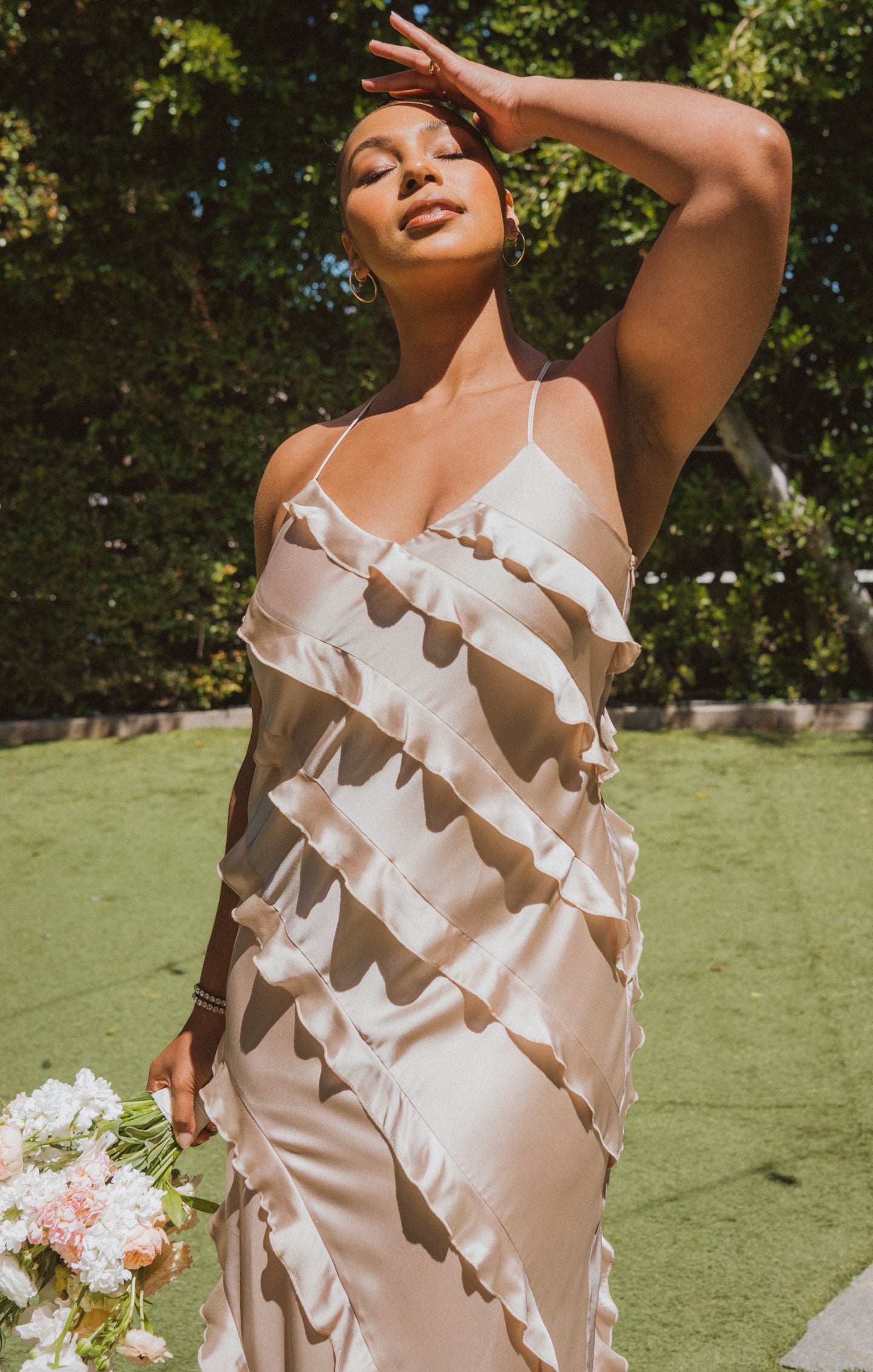 Romance Ruffle Maxi Dress - Champagne Satin Bridesmaid Gown