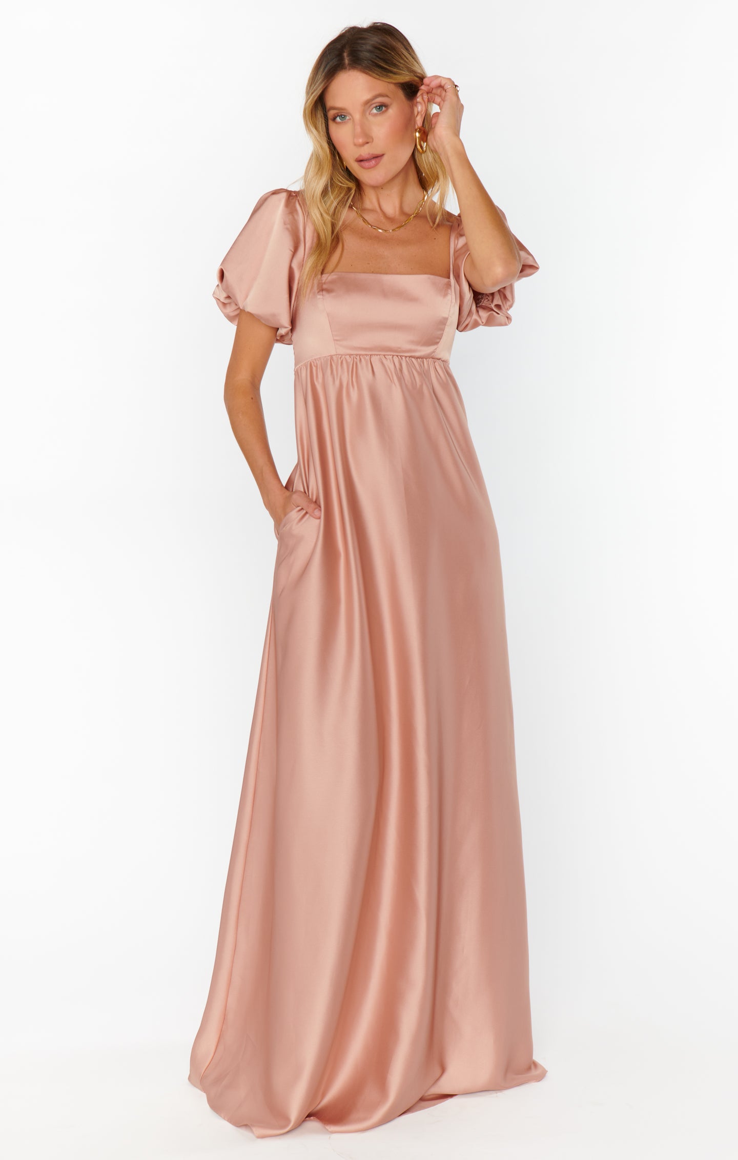 Nora Satin Maxi Dress with Square Neckline & Smocked Back
