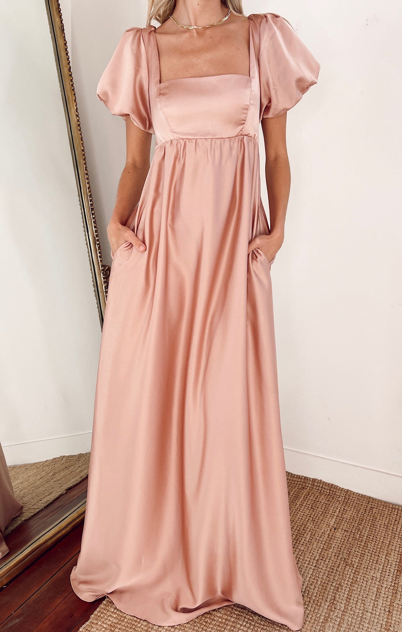 Nora Satin Maxi Dress with Square Neckline & Smocked Back