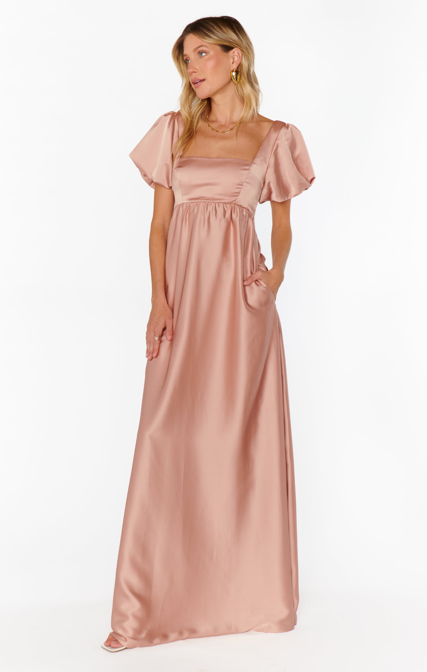 Nora Satin Maxi Dress with Square Neckline & Smocked Back