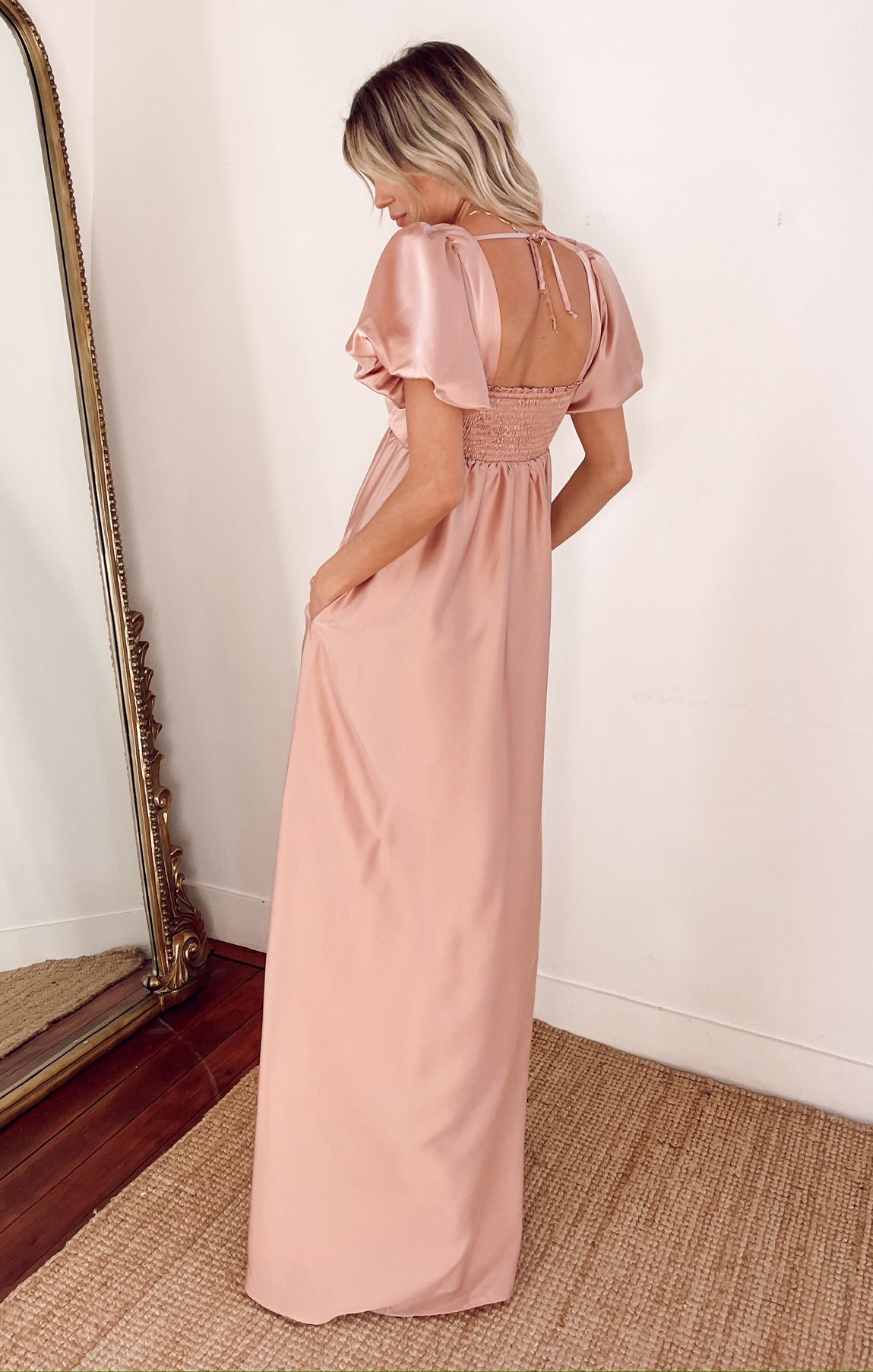 Nora Satin Maxi Dress with Square Neckline & Smocked Back