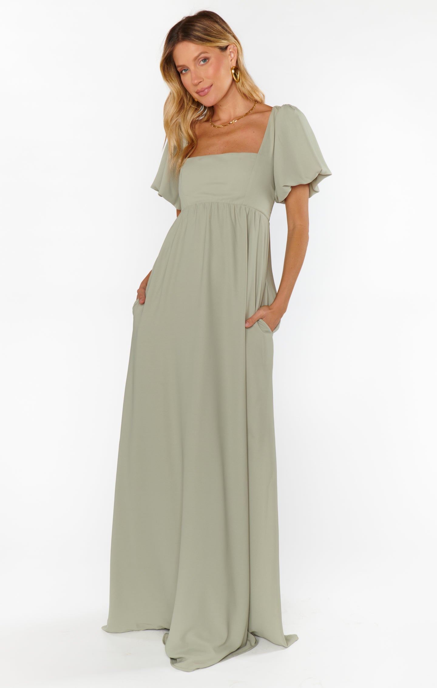 Nora Maxi Dress with Square Neckline & Smocked Back - Moss Green