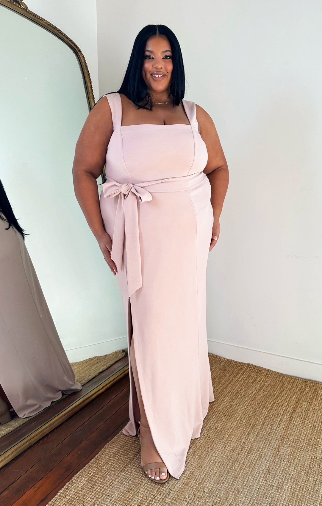 Dusty Blush Stretch Bridesmaid Gown with Detachable Sash