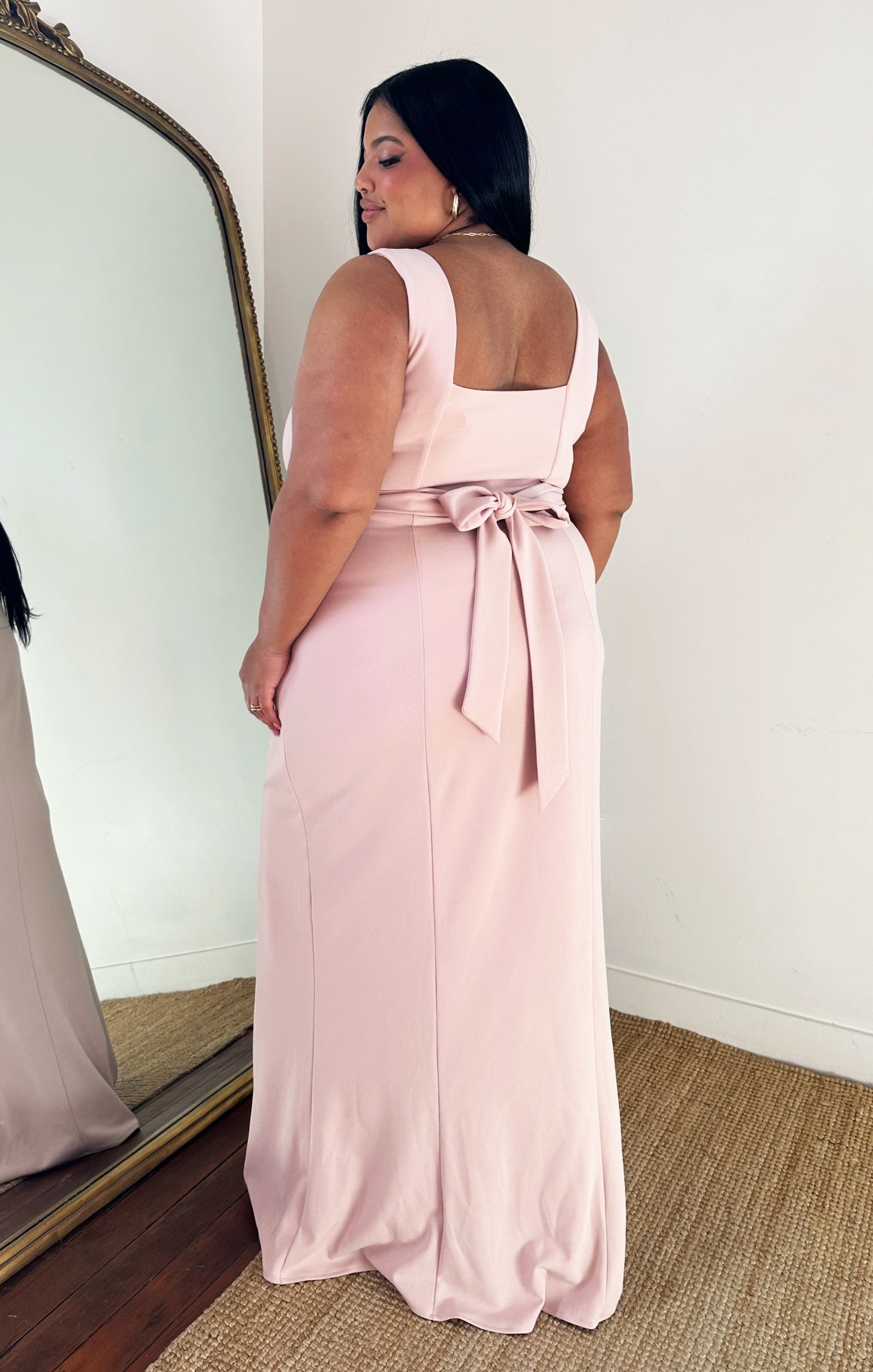 Dusty Blush Stretch Bridesmaid Gown with Detachable Sash