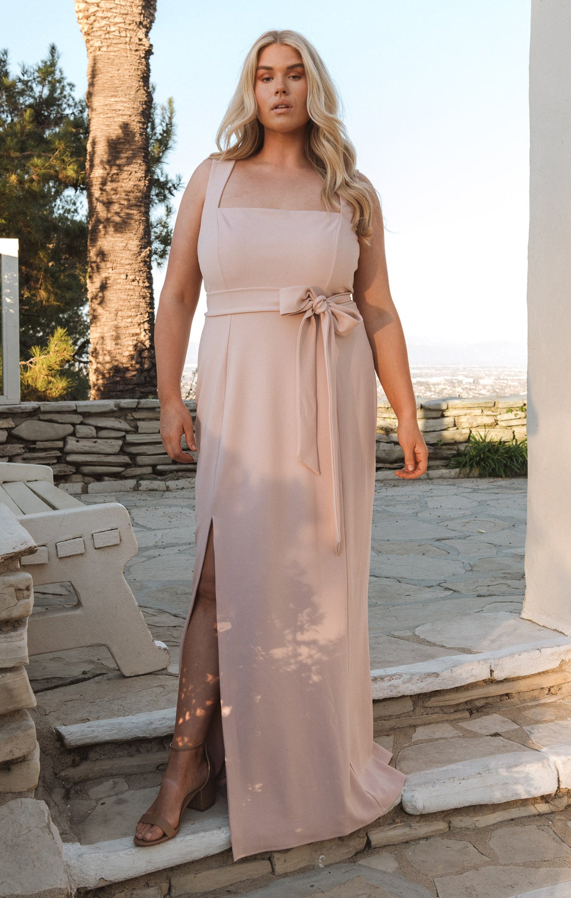 Dusty Blush Stretch Bridesmaid Gown with Detachable Sash