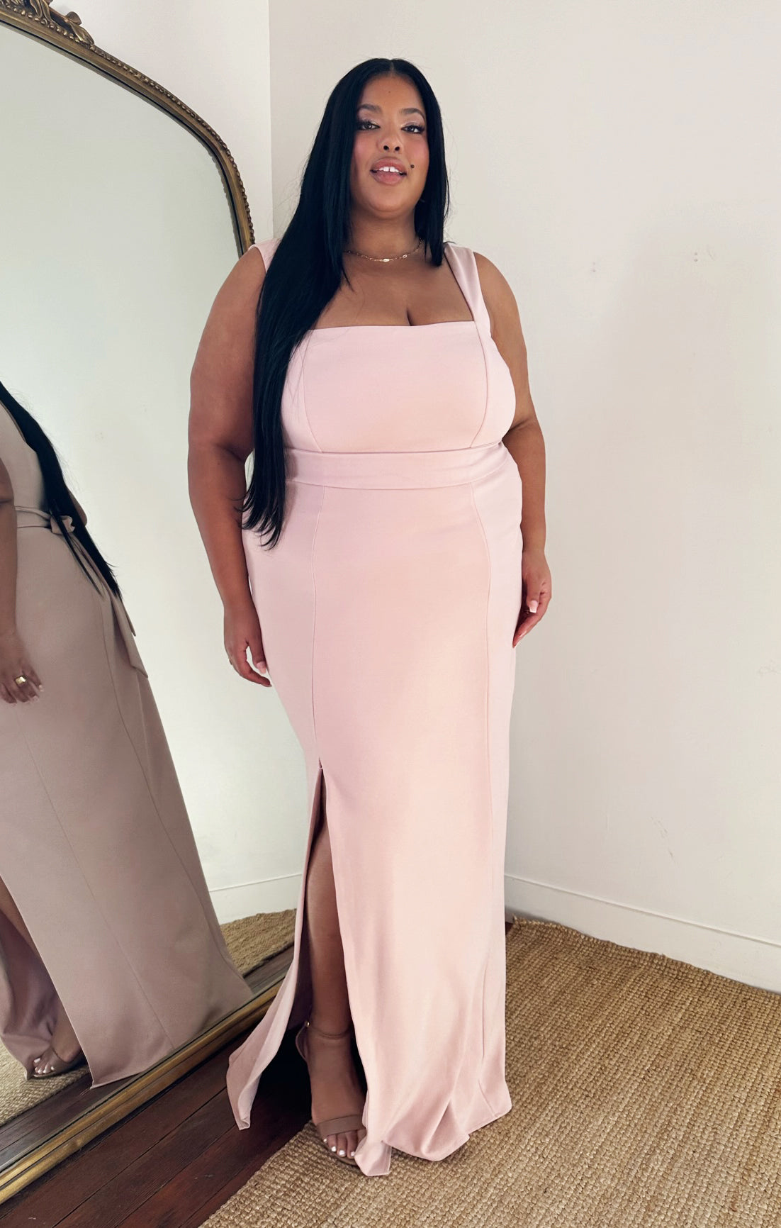 Dusty Blush Stretch Bridesmaid Gown with Detachable Sash