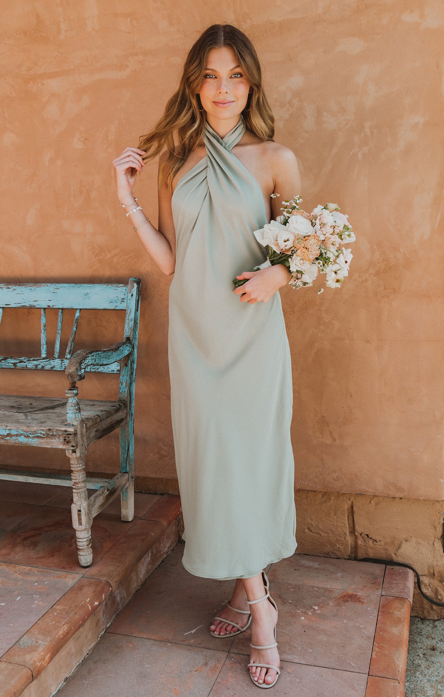 Jasmine Halter Midi Dress in Moss Green - Bias Cut & Open Back